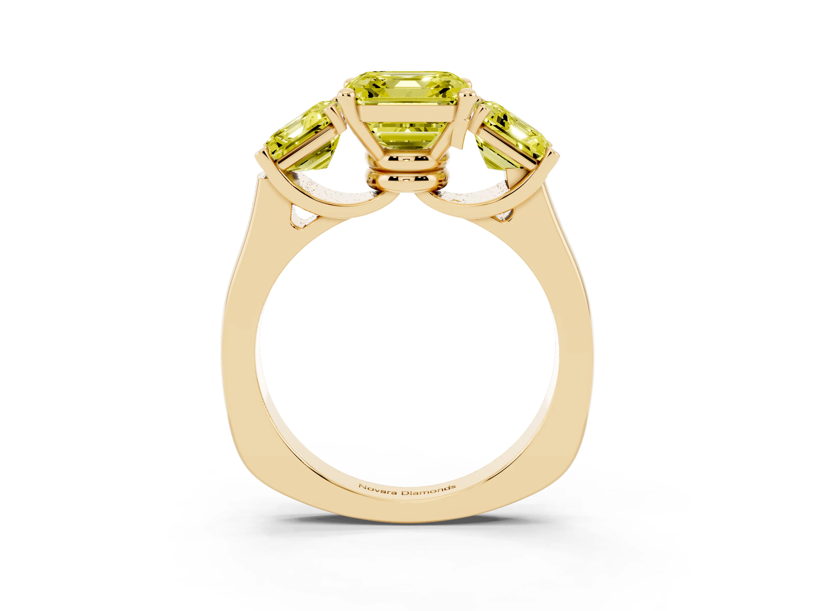 Fancy Yellow Asscher Cut Diamond Three-Stone Trellis Ring Set in Yellow gold with Comfort Fit Band