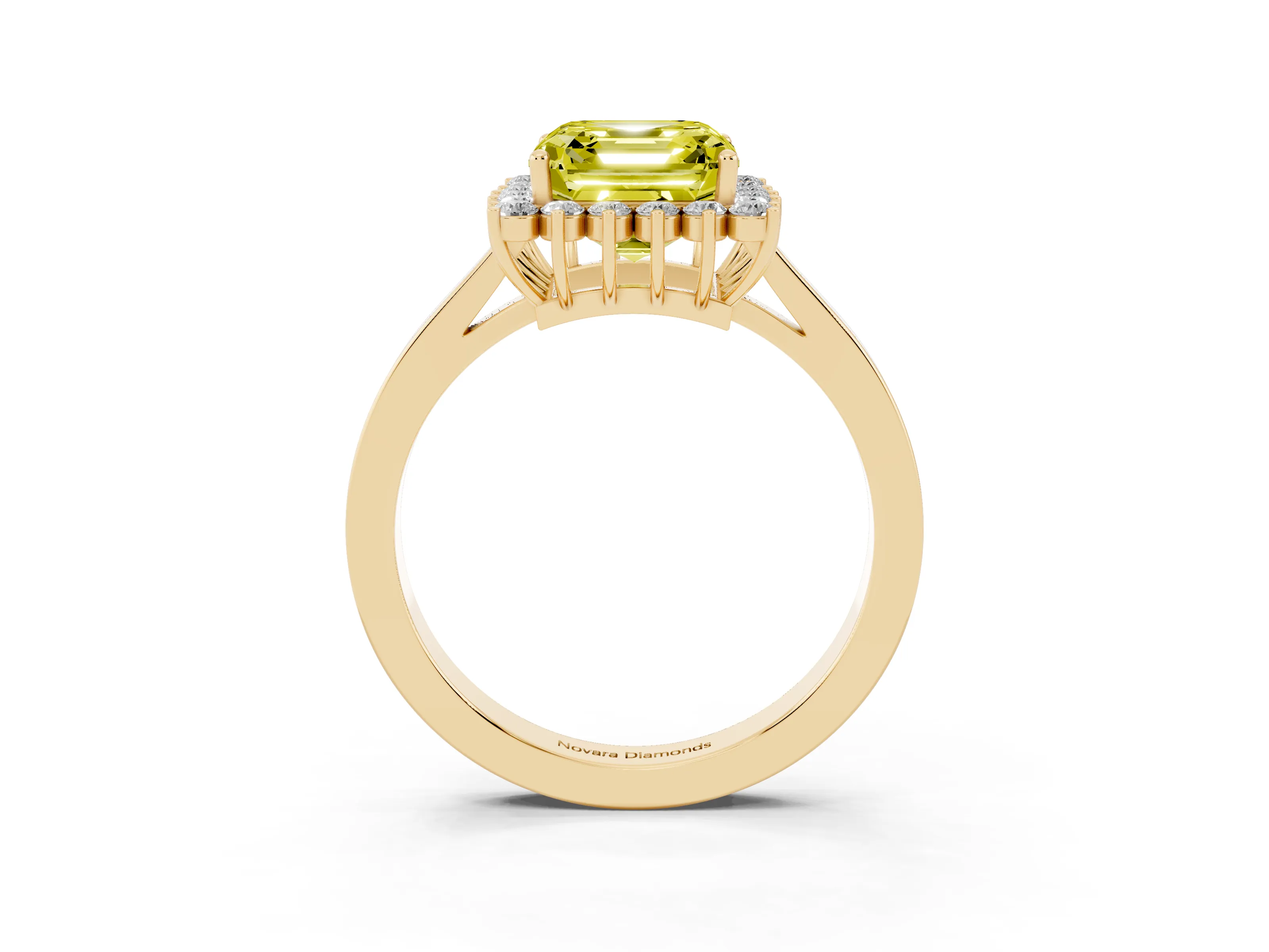 Fancy Yellow Asscher Cut Diamond Halo Ring Set in Yellow gold with Round Halo and Smooth Solitaire Band