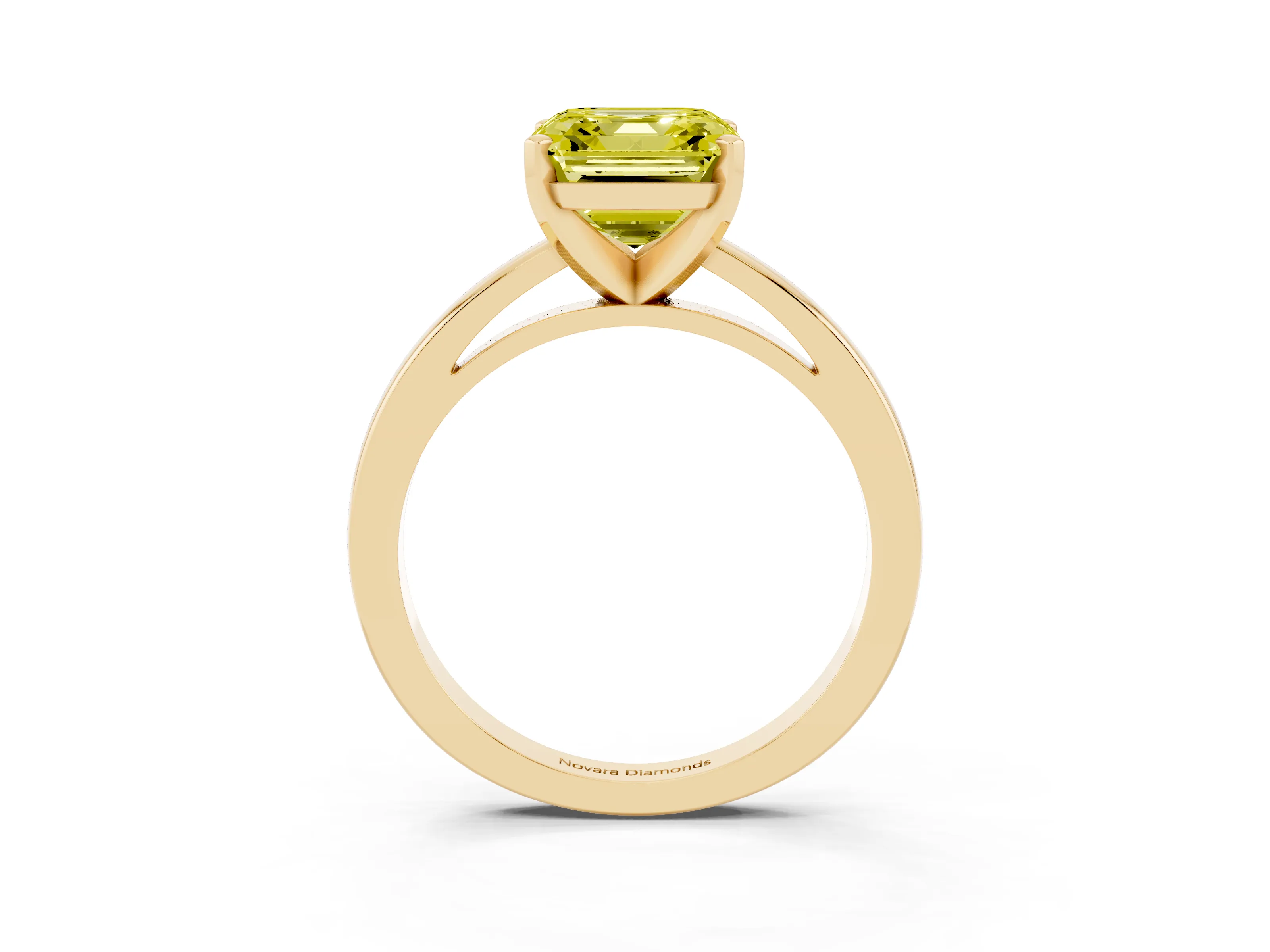 Fancy Yellow Asscher Cut Diamond Solitaire Engagement Ring Set in Yellow gold with Prong Setting on a Classic Band