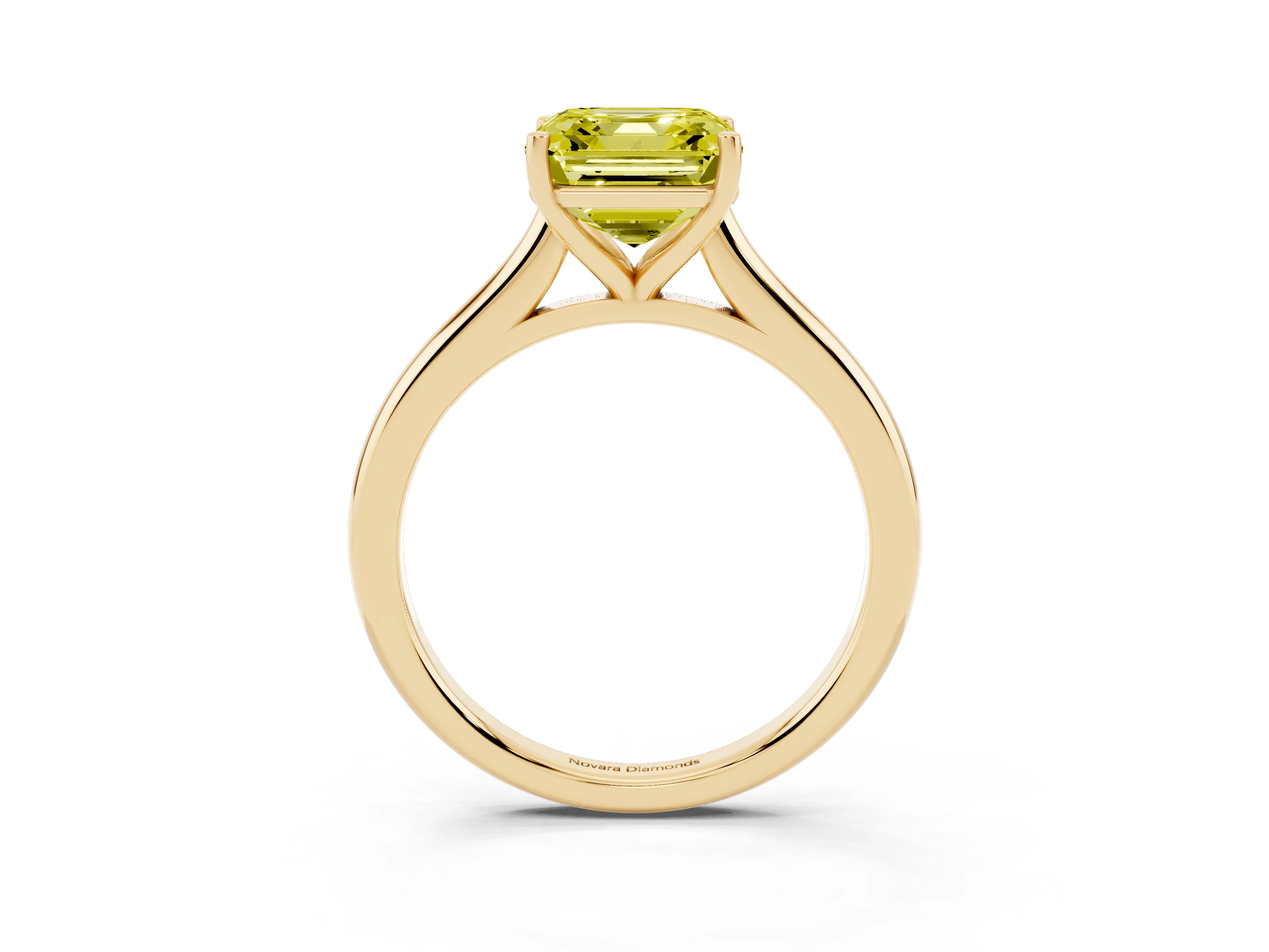 Fancy Yellow Asscher Cut Diamond Solitaire Ring Set in Yellow gold with Cathedral Band and Prong Setting