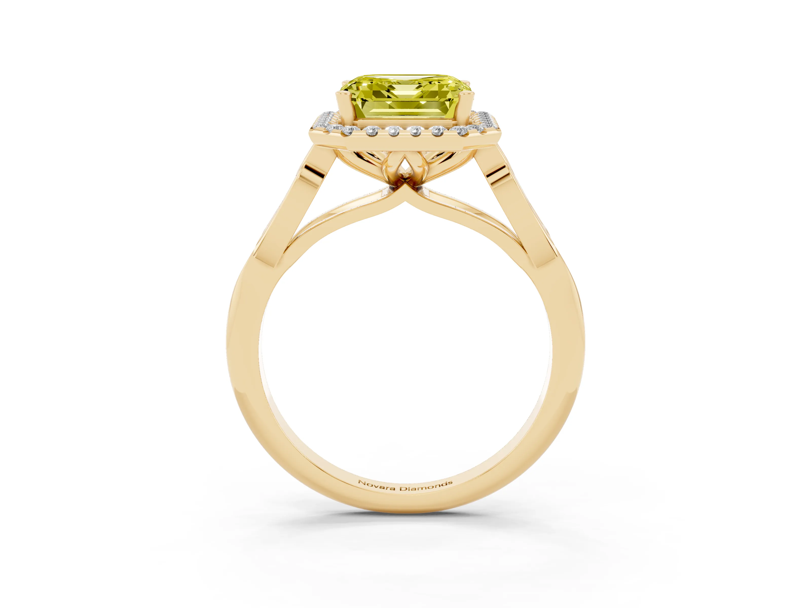 Fancy Yellow Asscher Cut Diamond Halo Engagement Ring Set in Yellow gold with Filigree Band and Prong-Set Center