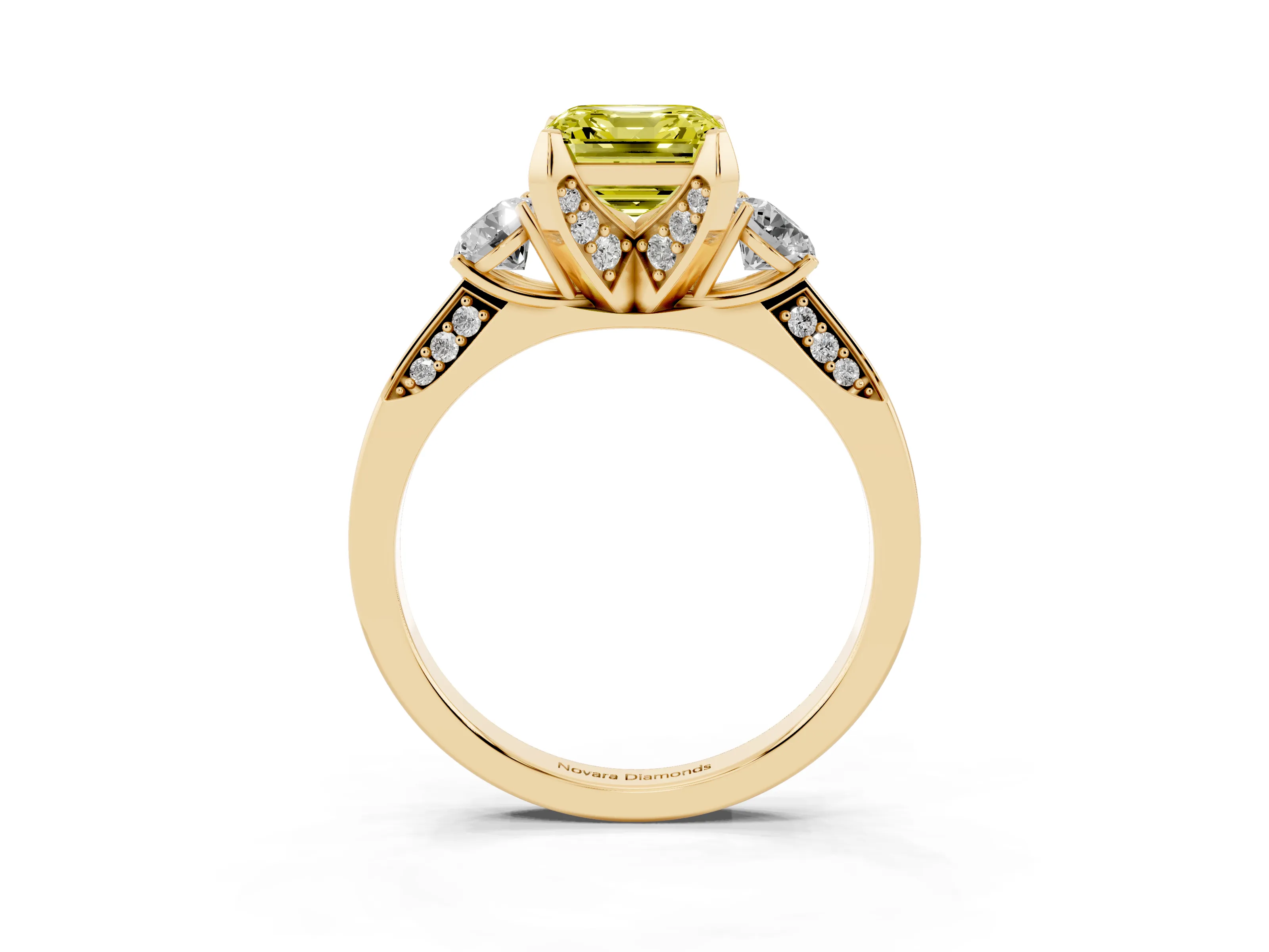 Fancy Yellow Asscher Cut Diamond Three-Stone Ring Set in Yellow gold with Pavé Band and Smaller Side Stones