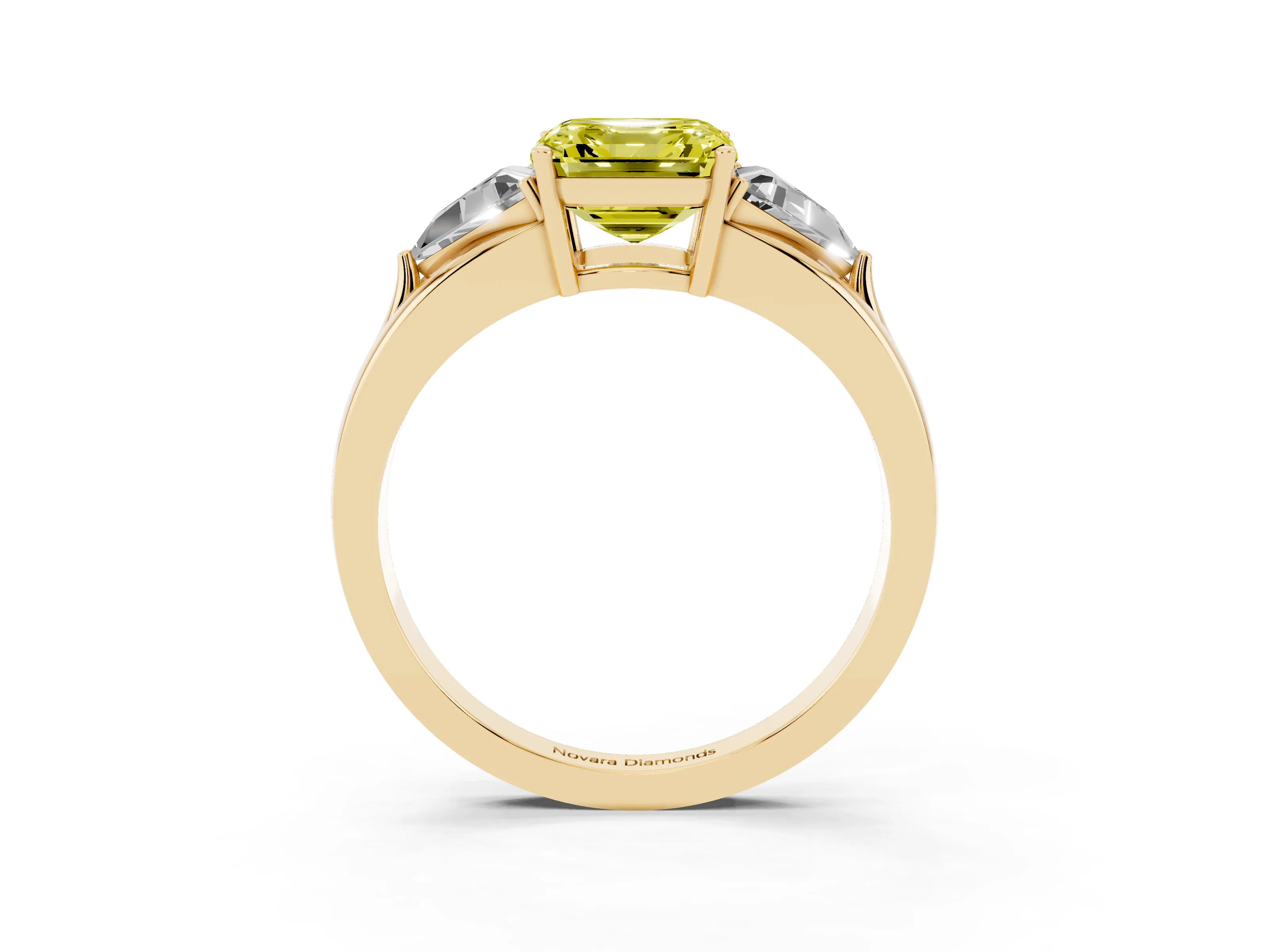 Fancy Yellow Asscher Cut Diamond Three-Stone Ring Set in Yellow gold with Trillion Side Stones and Split Shank