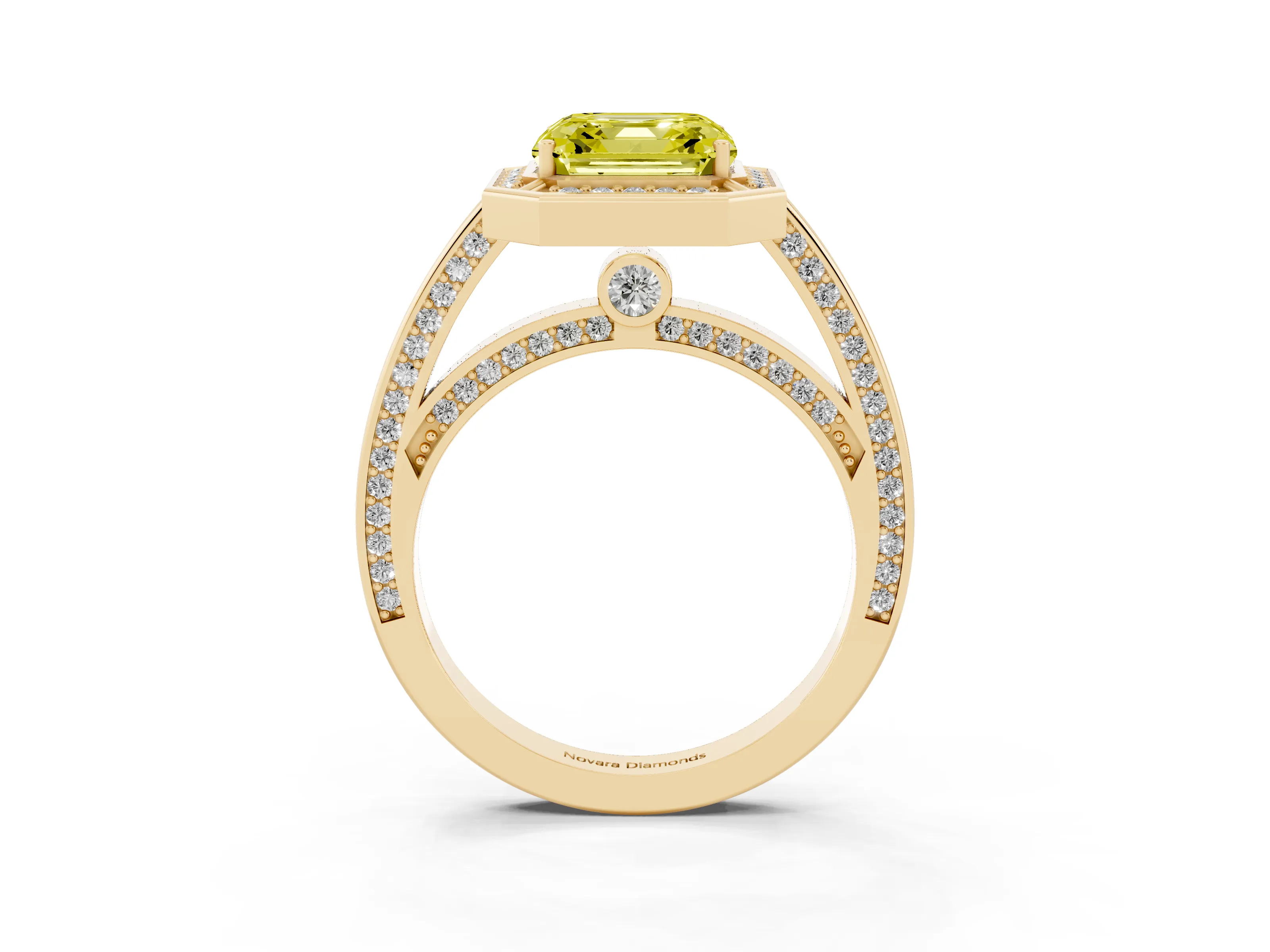 Fancy Yellow Asscher Cut Diamond Halo Pavé Split Shank Ring Set in Yellow gold with Prong Setting