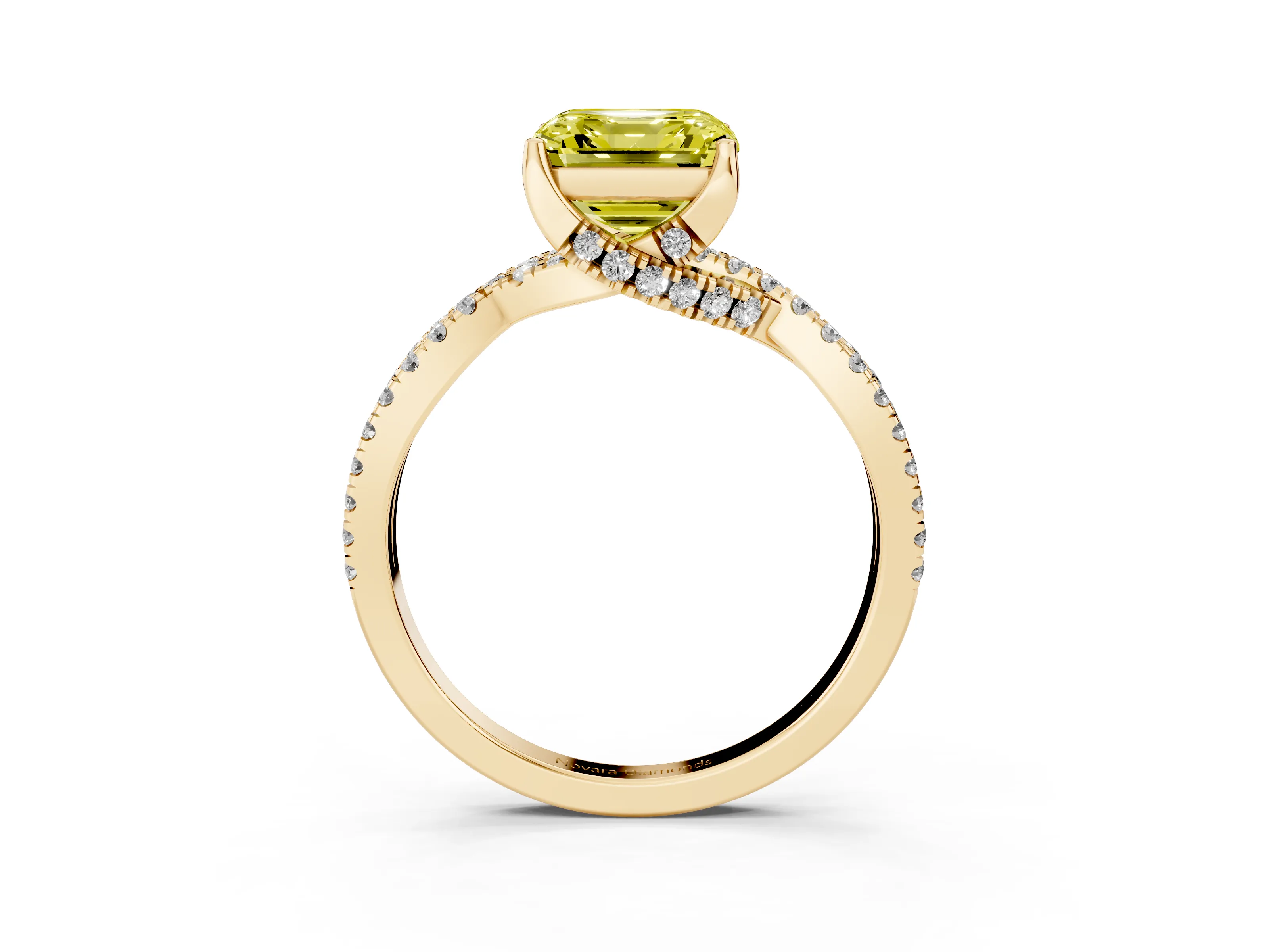 Fancy Yellow Asscher Cut Diamond Twist Pavé Solitaire Engagement Ring Set in Yellow gold with Prong Setting
