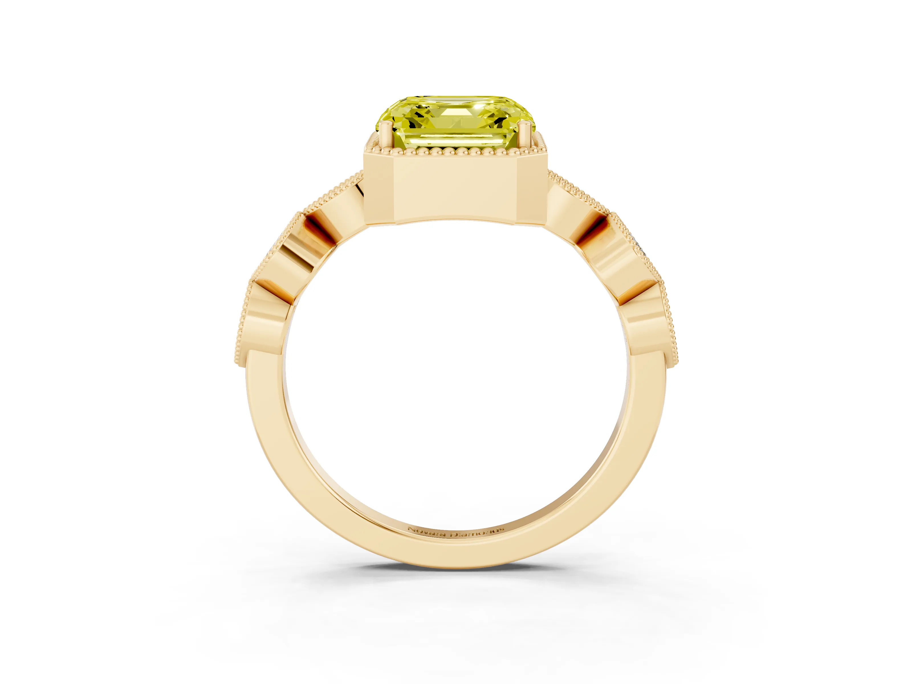 Fancy Yellow Asscher Cut Diamond Vintage-Inspired Milgrain Ring Set in Yellow gold with Marquise Stations of Round Accents