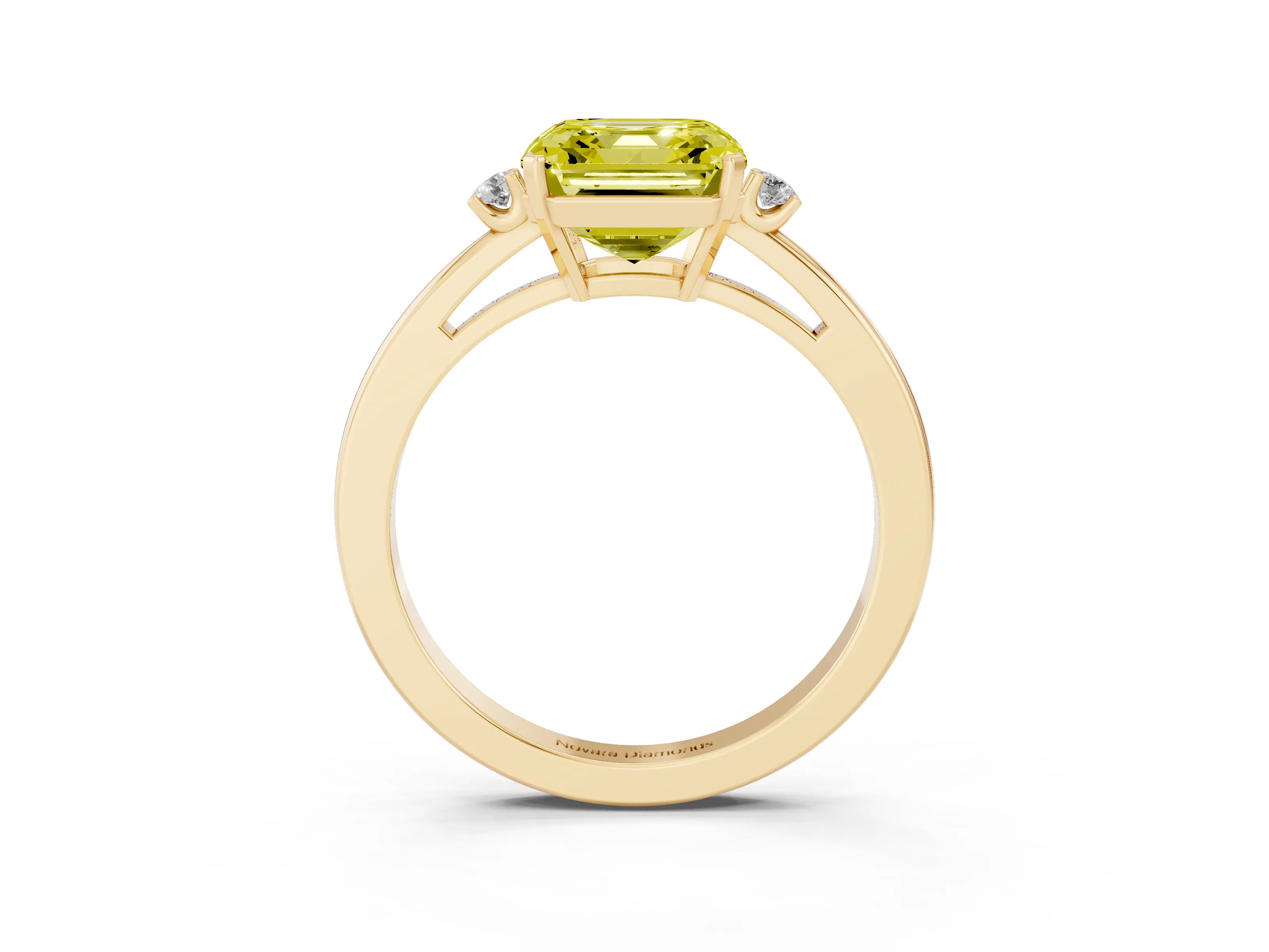 Fancy Yellow Three-Stone Asscher Cut Diamond Solitaire Ring Set in Yellow gold with Round Accent Stones and Prong Setting