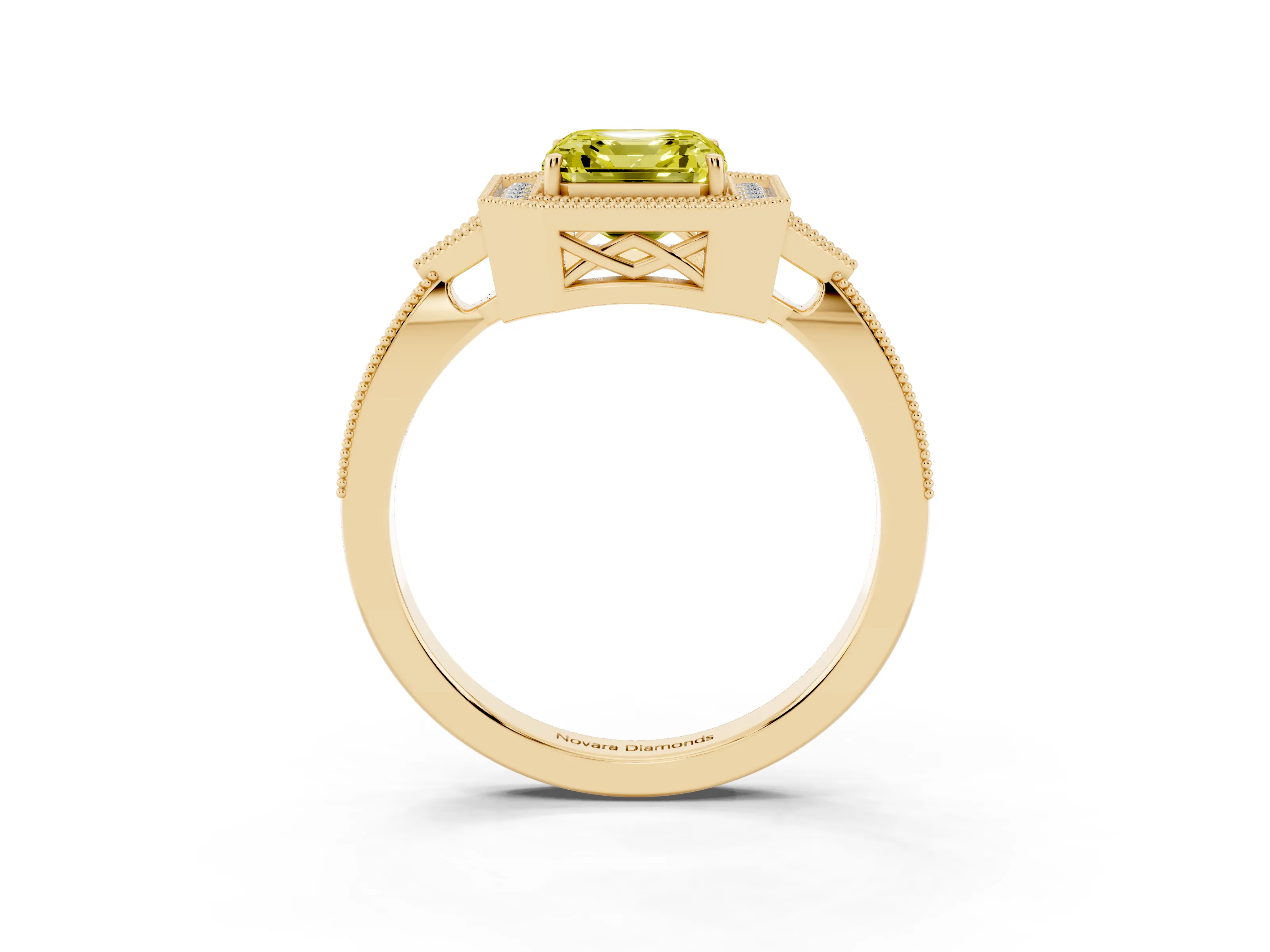 Fancy Yellow Asscher Cut Diamond Halo Engagement Ring Set in Yellow gold with Milgrain Pavé Band