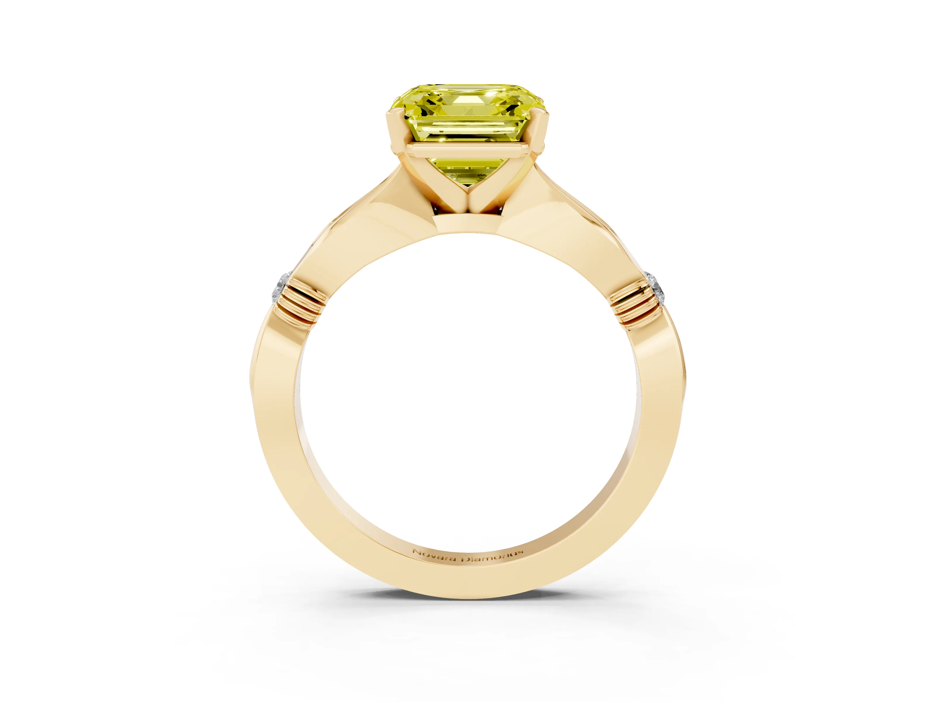 Fancy Yellow Asscher Cut Diamond Solitaire Twisted Band Ring Set in Yellow gold with Accent Stones and Prong Setting