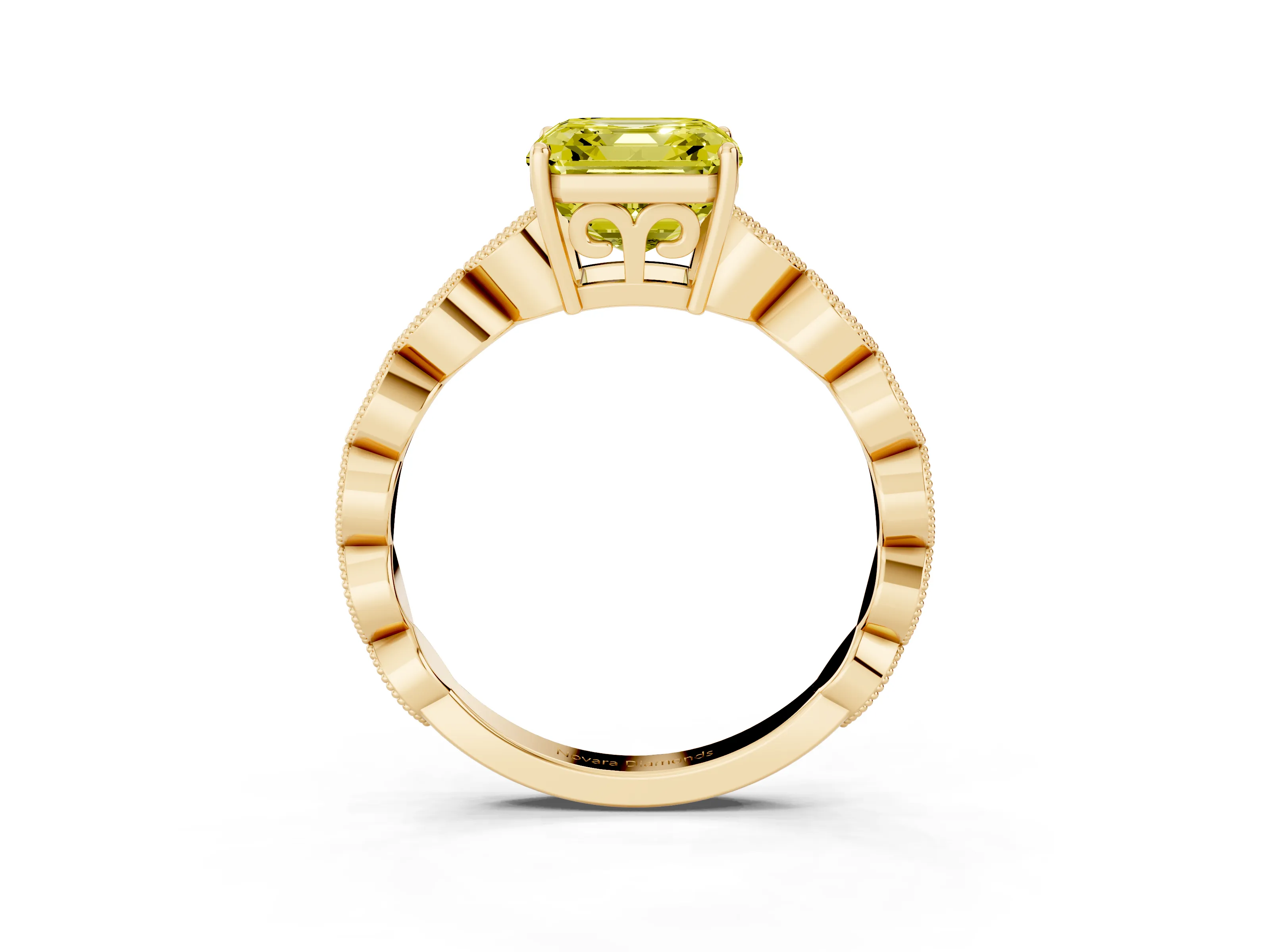 Fancy Yellow Asscher Cut Diamond Solitaire Ring Set in Yellow gold with Infinity Twist Pavé Band