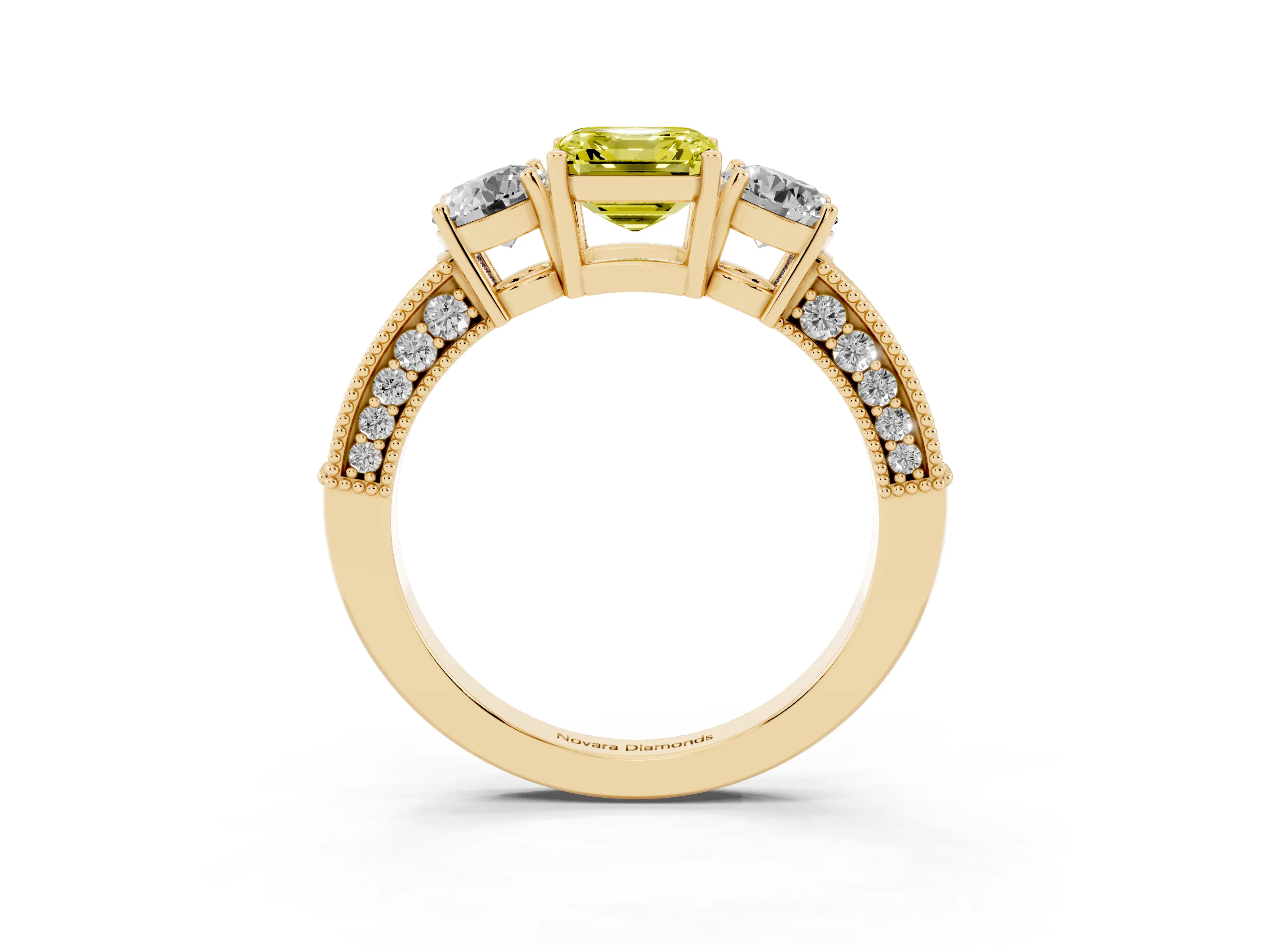 Fancy Yellow Asscher Cut Diamond Three-Stone Ring Set in Yellow gold with Round Side Stones and Pavé Band
