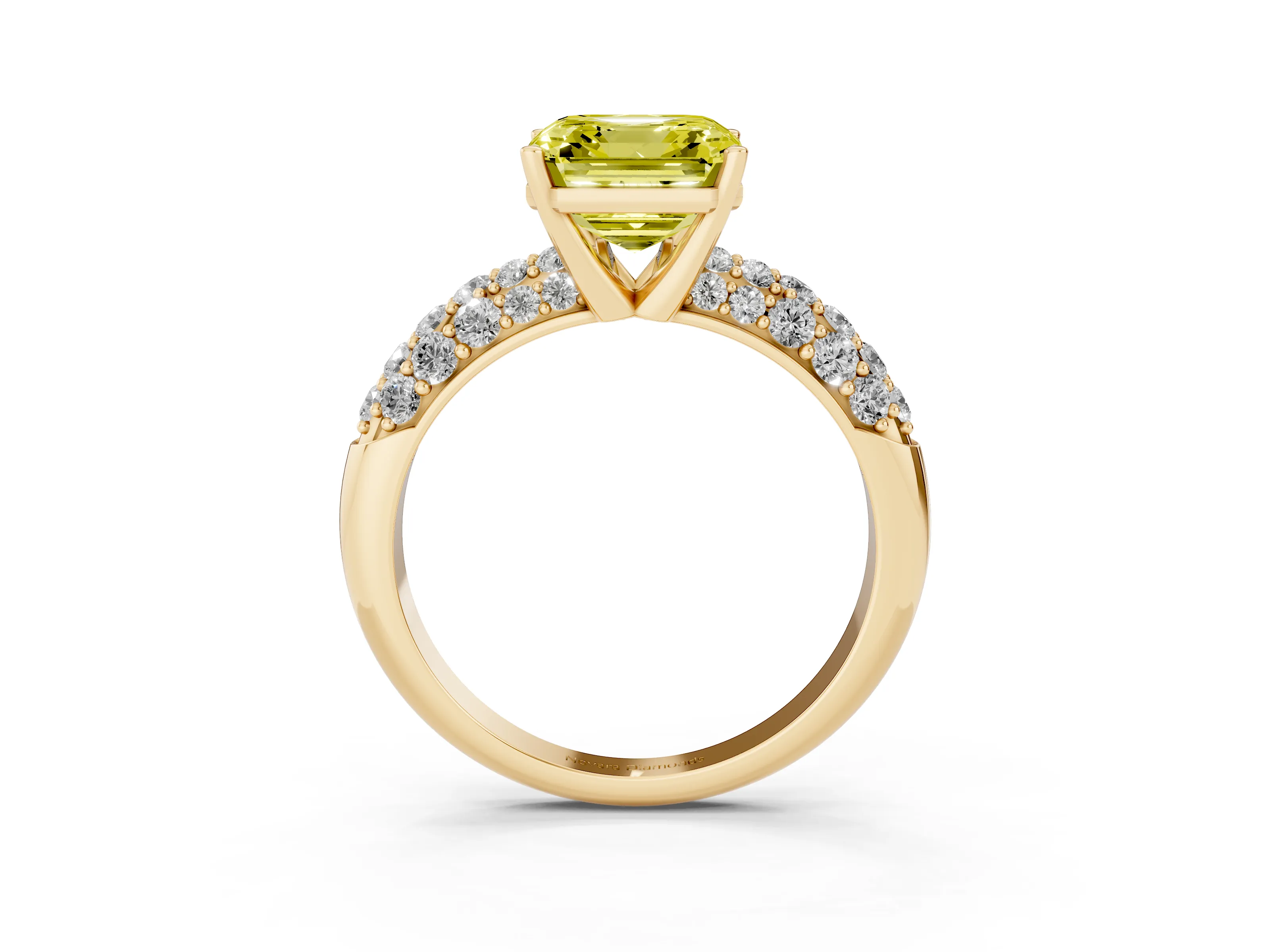 Fancy Yellow Asscher Cut Diamond Pavé Band Solitaire Ring Set in Yellow gold with Close-Set Accent Stones and Prong Setting