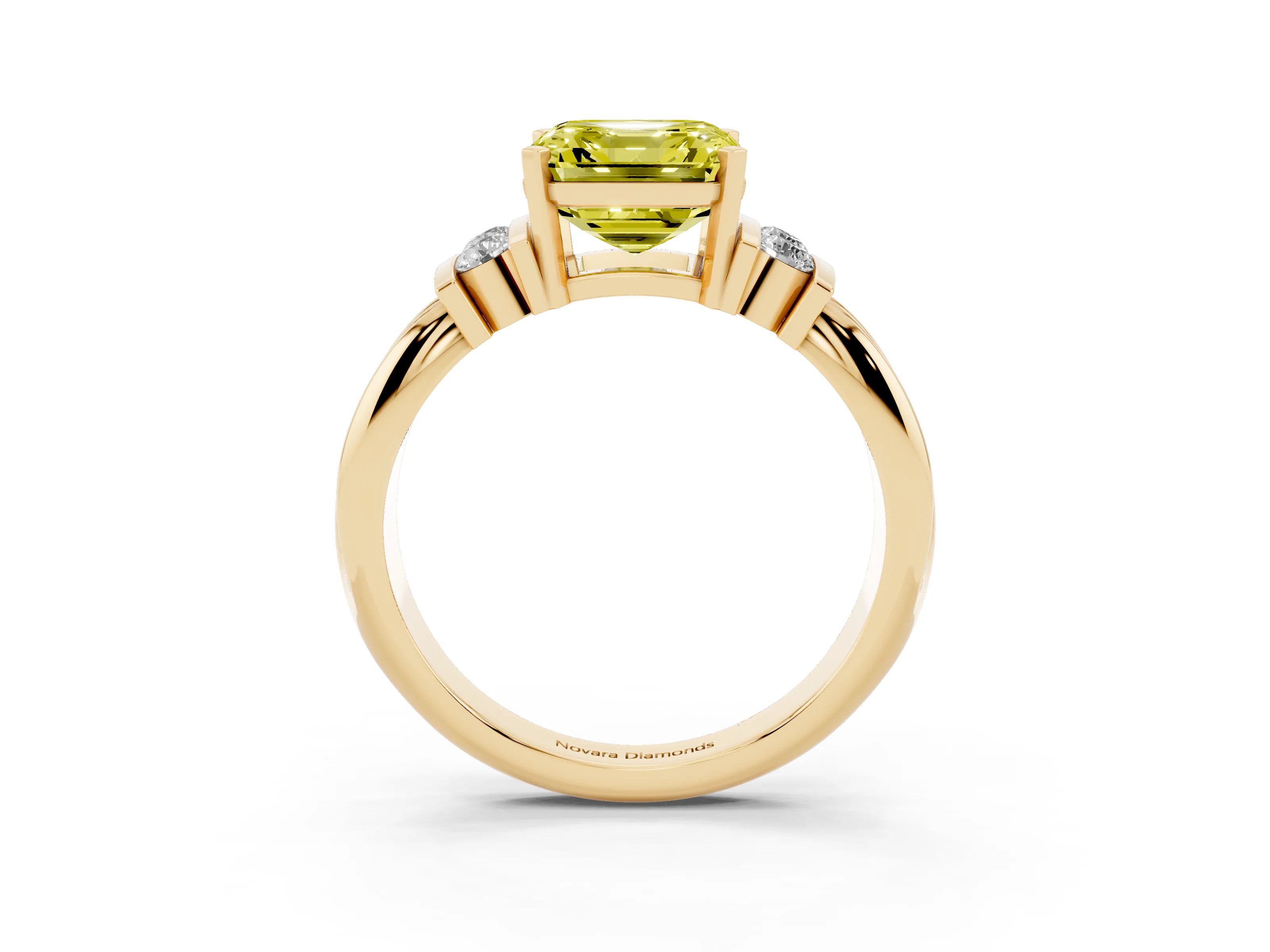 Fancy Yellow Three-Stone Asscher Cut Diamond Channel Set Ring Set in Yellow gold with Bar Prongs