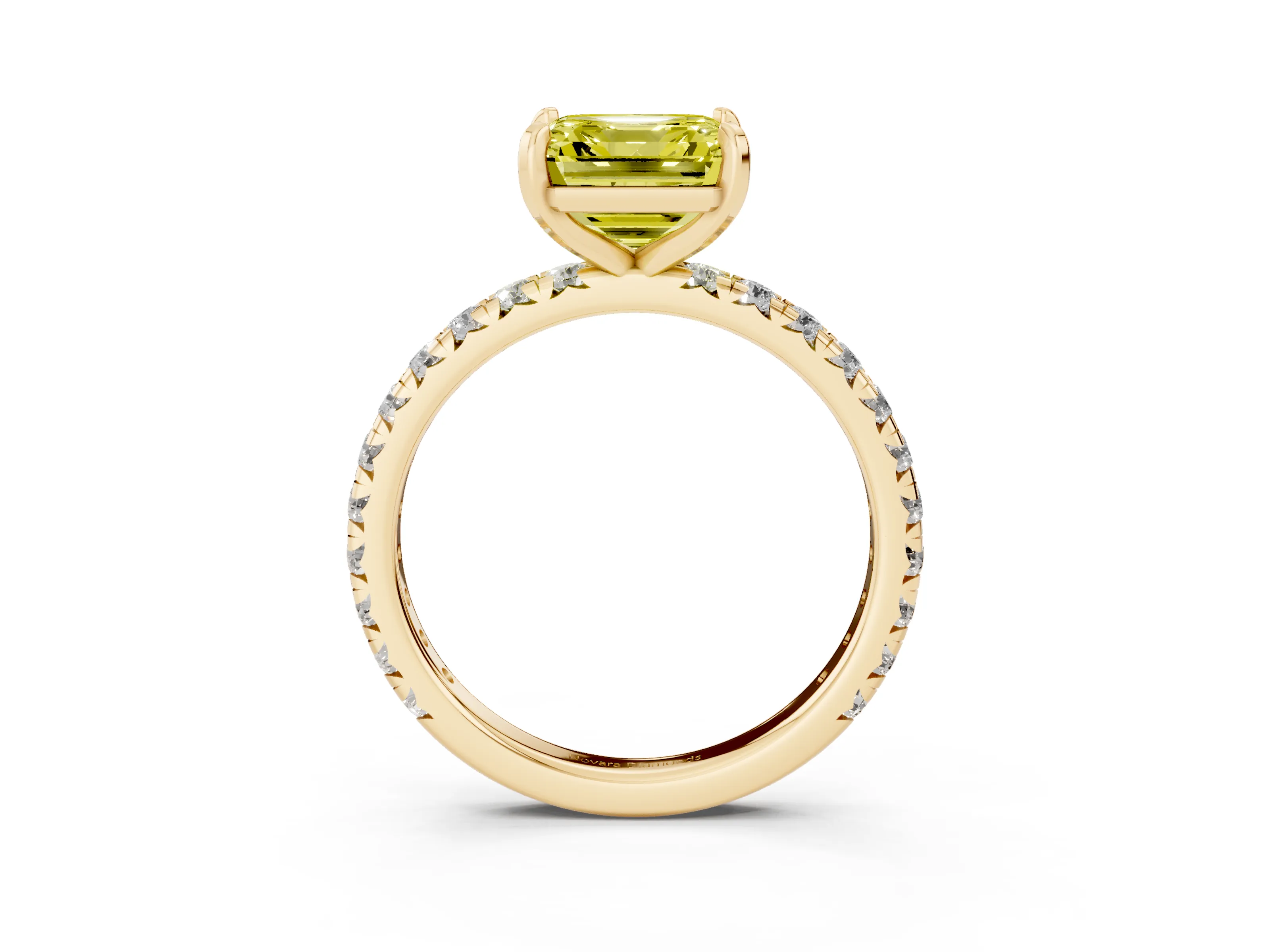 Fancy Yellow Asscher Cut Diamond Pavé Solitaire Ring Set in Yellow gold with Round Band and Prong Setting