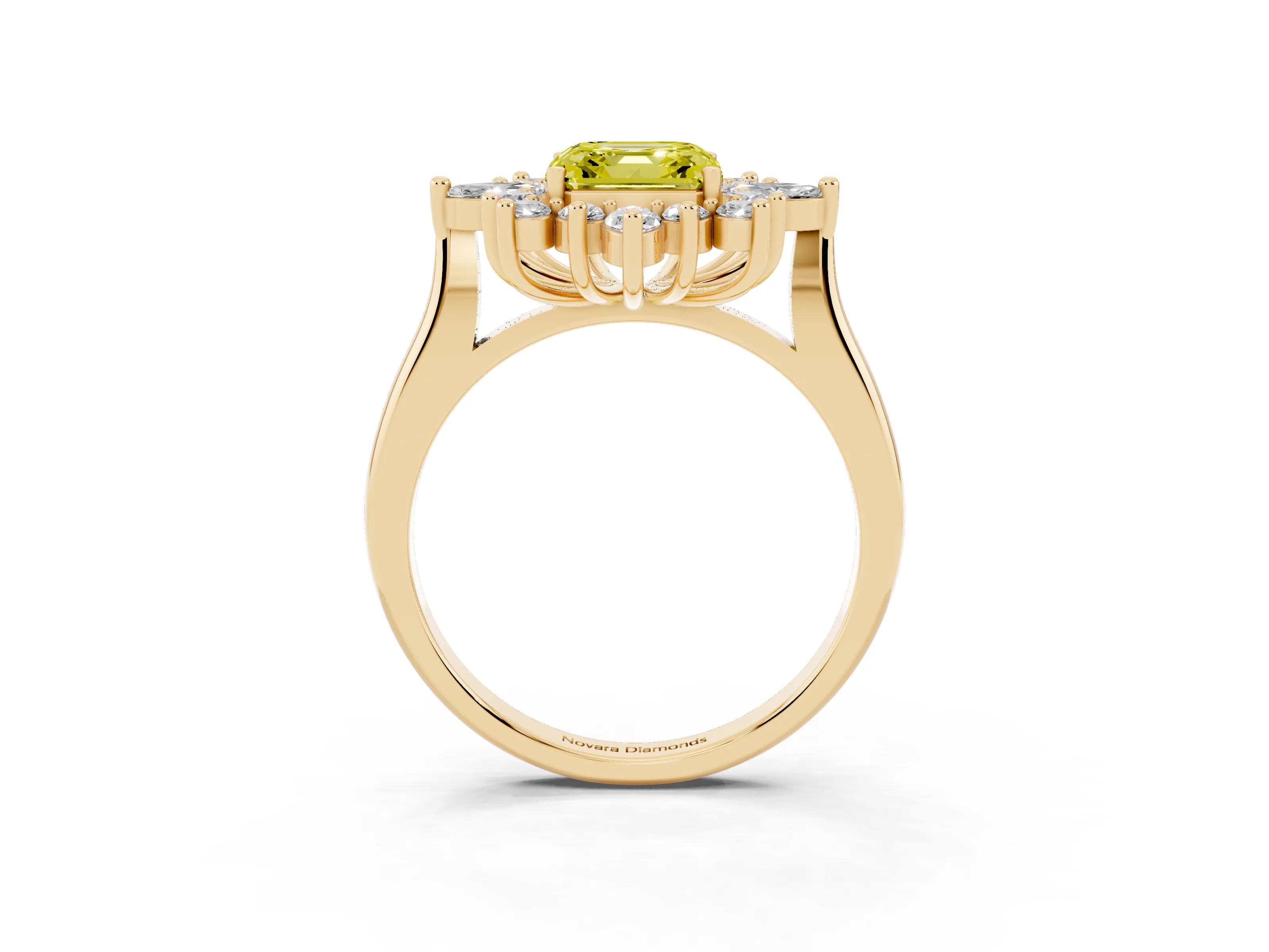Fancy Yellow Asscher Cut Diamond Cluster Halo Ring Set in Yellow gold with Marquise and Round Accents