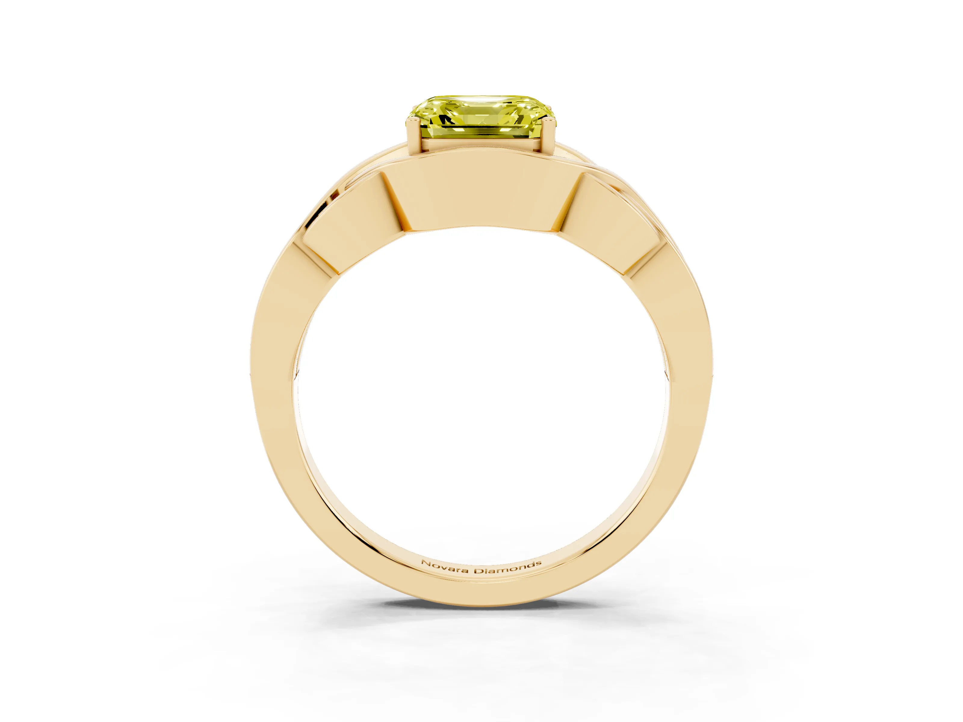 Fancy Yellow Asscher Cut Diamond Solitaire Ring Set in Yellow gold with Intertwined Band