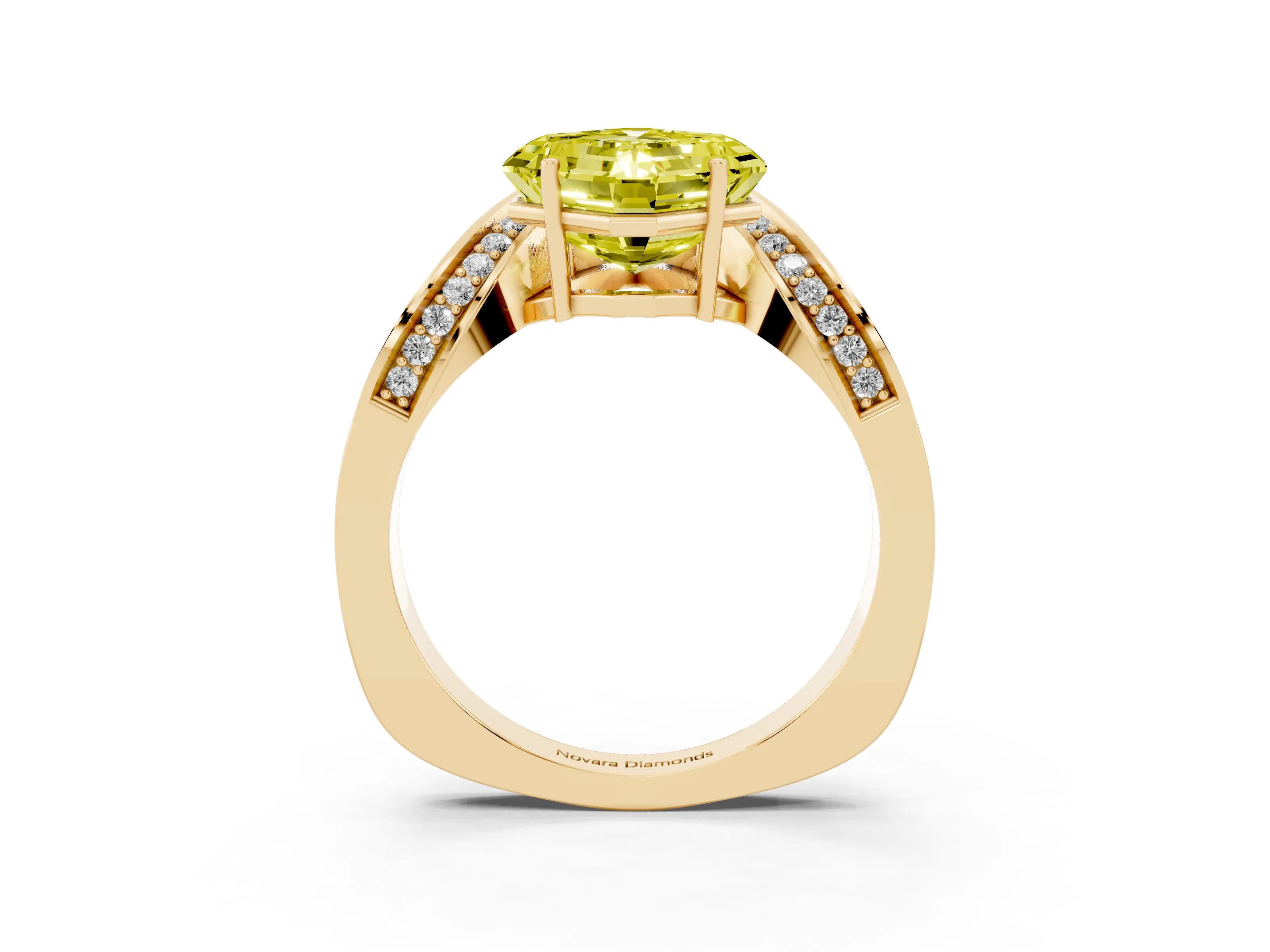 Fancy Yellow Asscher Cut Diamond Solitaire Engagement Ring Set in Yellow gold with Pavé Shoulders