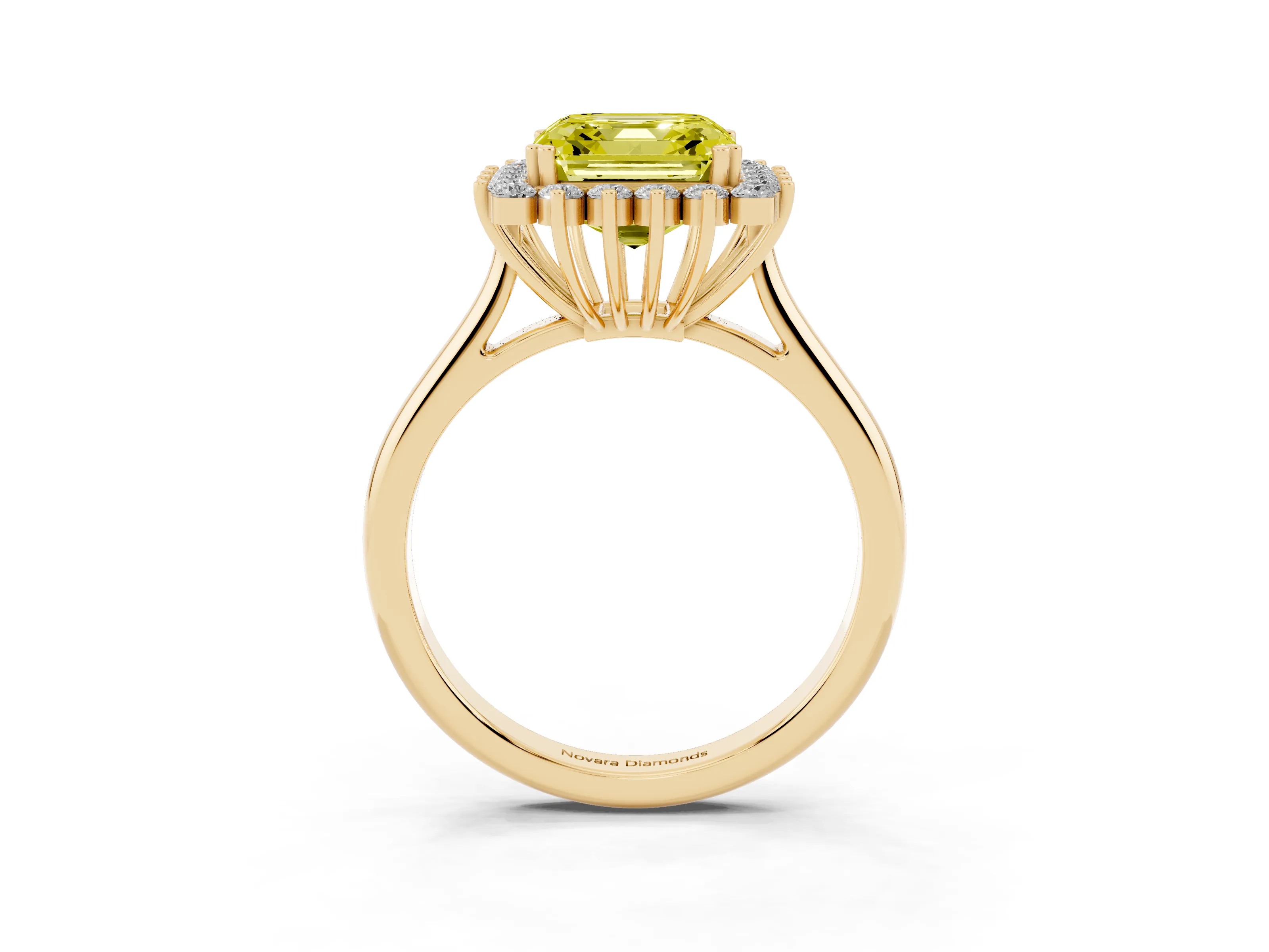 Fancy Yellow Asscher Cut Diamond Halo Ring Set in Yellow gold with Plain Solitaire Band and Prong Setting