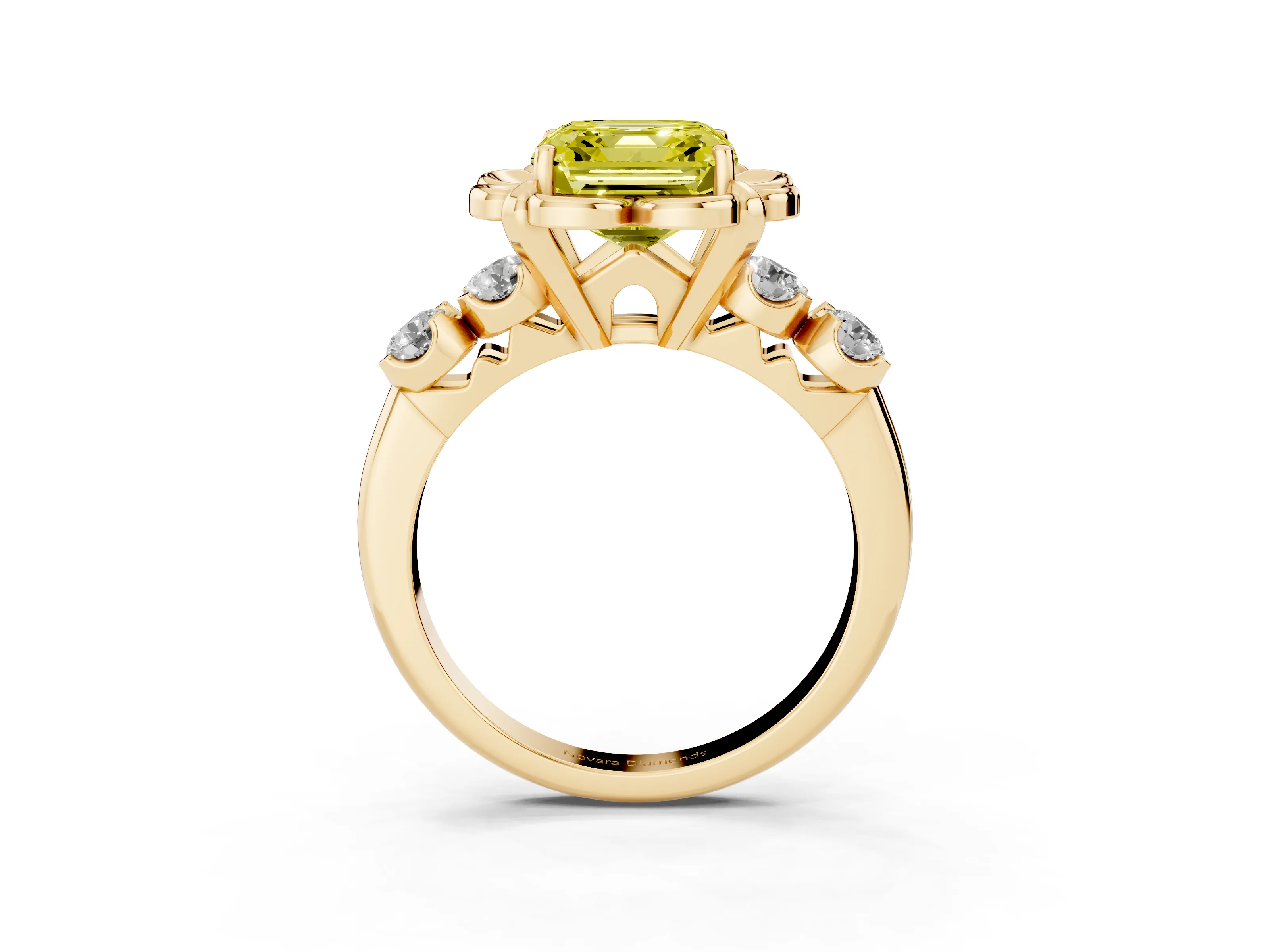 Fancy Yellow Asscher Cut Diamond Floral Halo Ring Set in Yellow gold with Shared Prong Band