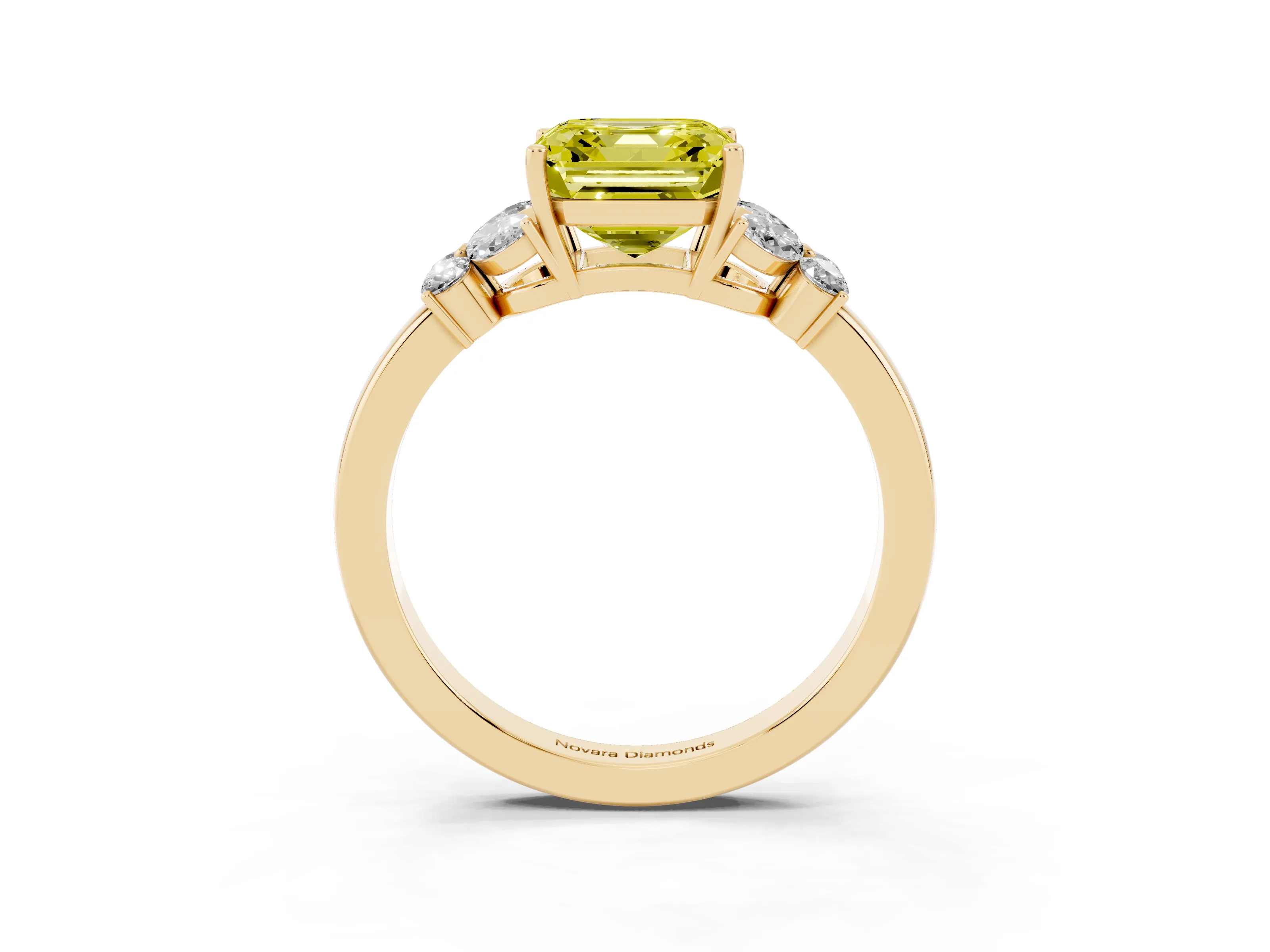 Fancy Yellow Asscher Cut Diamond Solitaire Floral Ring Set in Yellow gold with Marquise Petals and Prong Setting