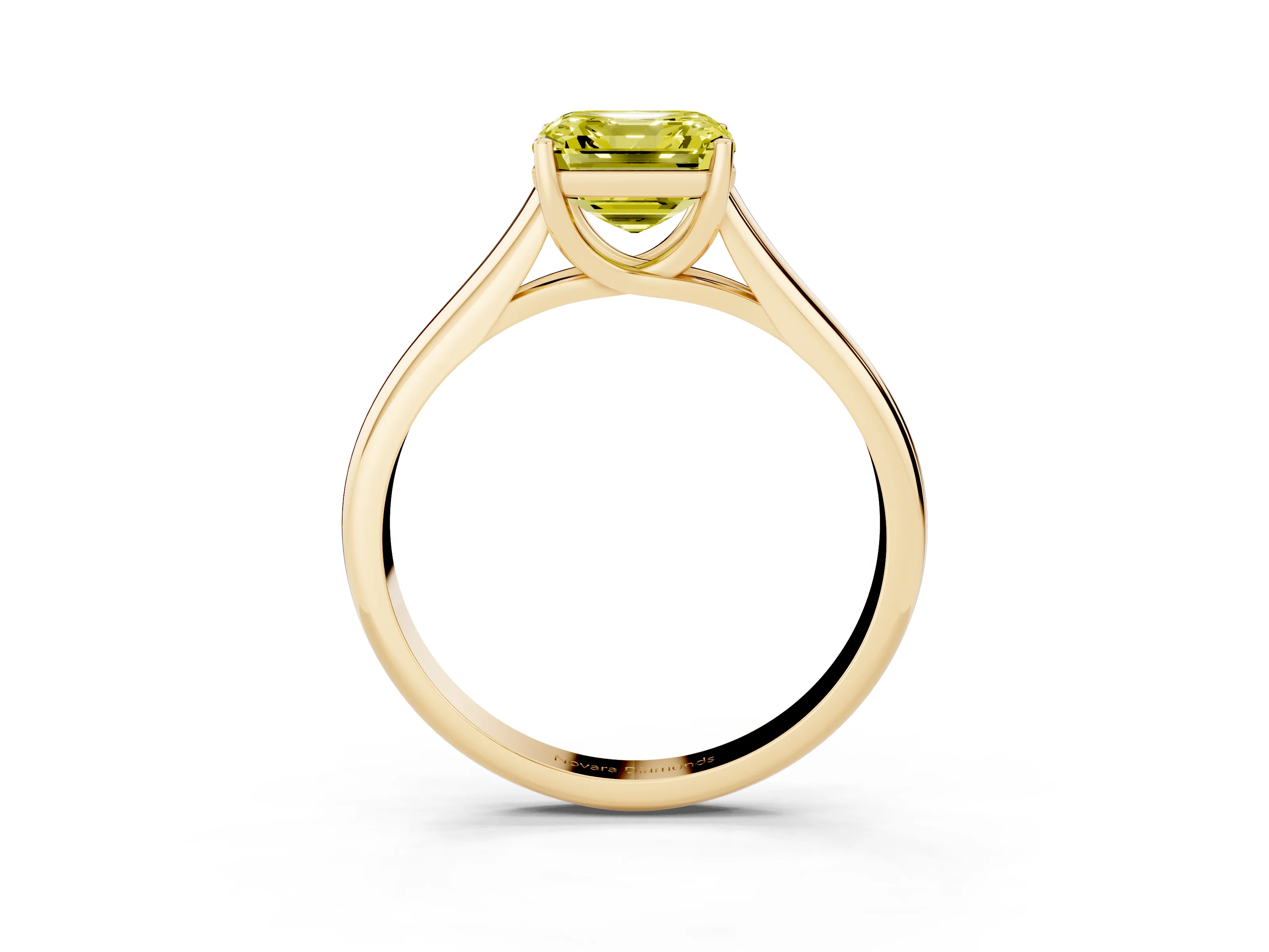 Fancy Yellow Asscher Cut Diamond Solitaire Engagement Ring Set in Yellow gold with Subtly Tapered Band and Prong Setting