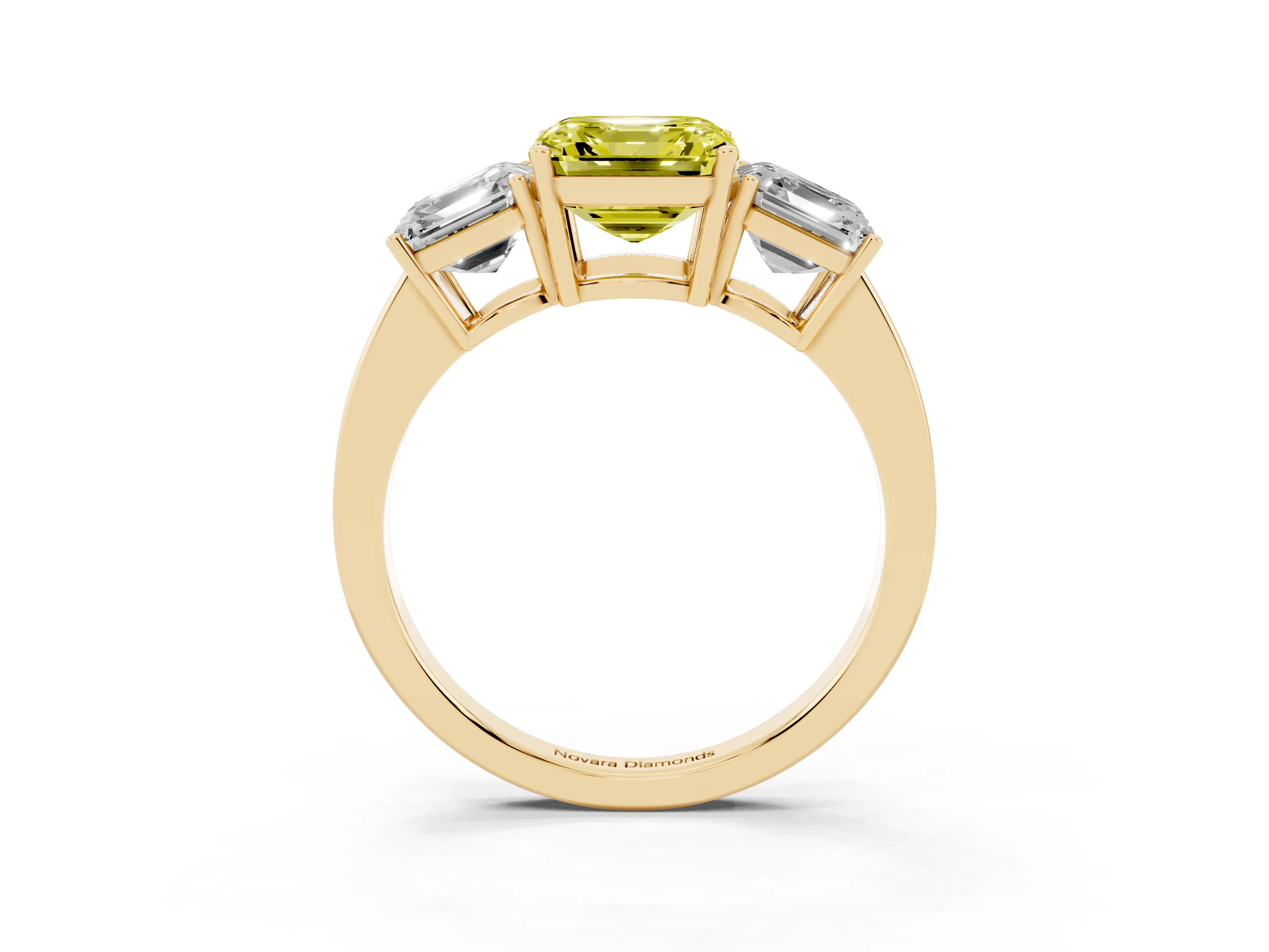 Fancy Yellow Asscher Cut Diamond Three-Stone Engagement Ring Set in Yellow gold with Flat Band