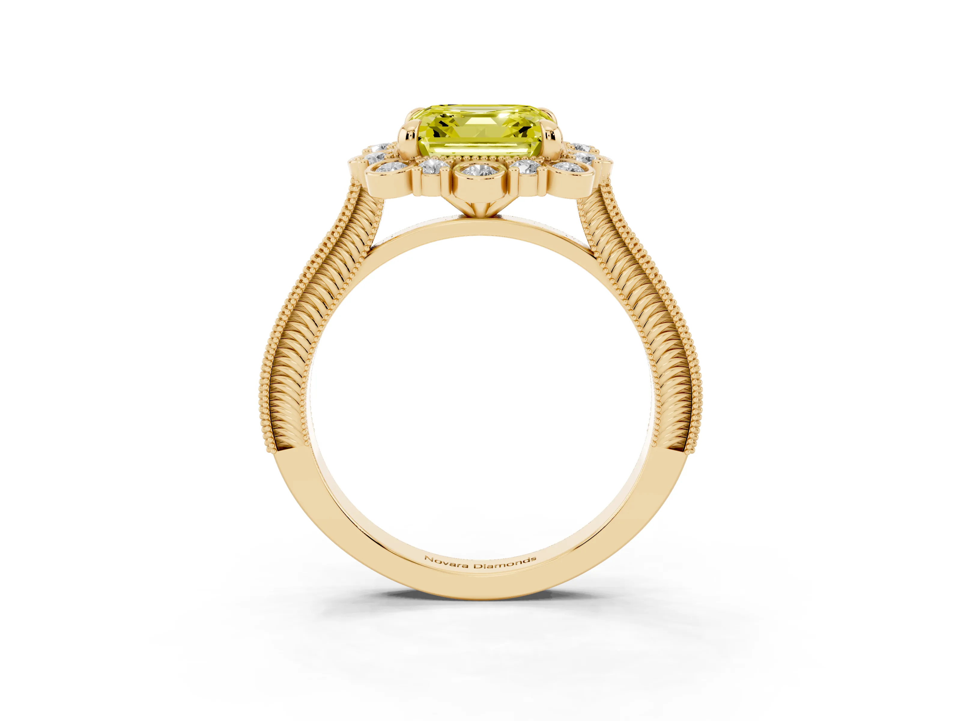 Fancy Yellow Asscher Cut Diamond Halo Milgrain Pavé Ring Set in Yellow gold with Prong Setting