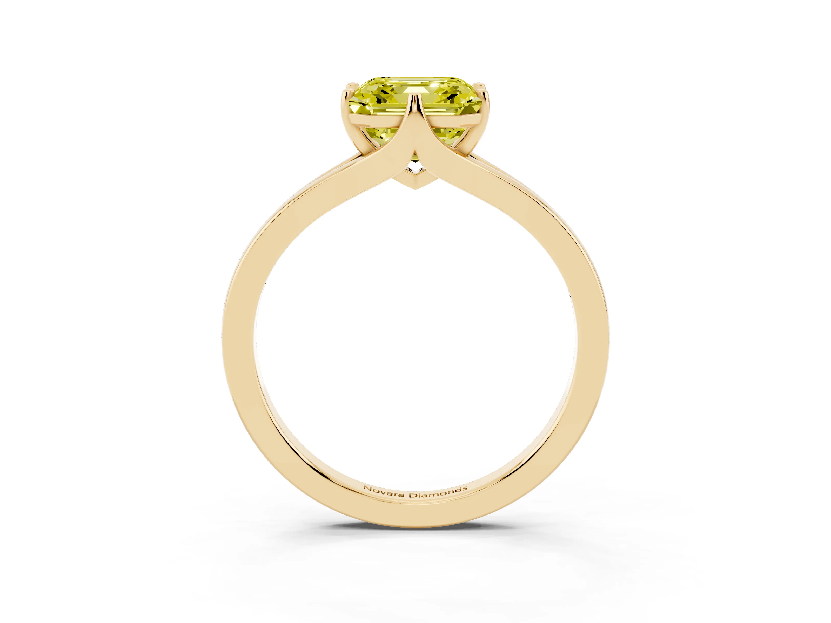 Fancy Yellow Asscher Cut Diamond Solitaire Ring Set in Yellow gold with Polished Tapered Band and Prong Setting