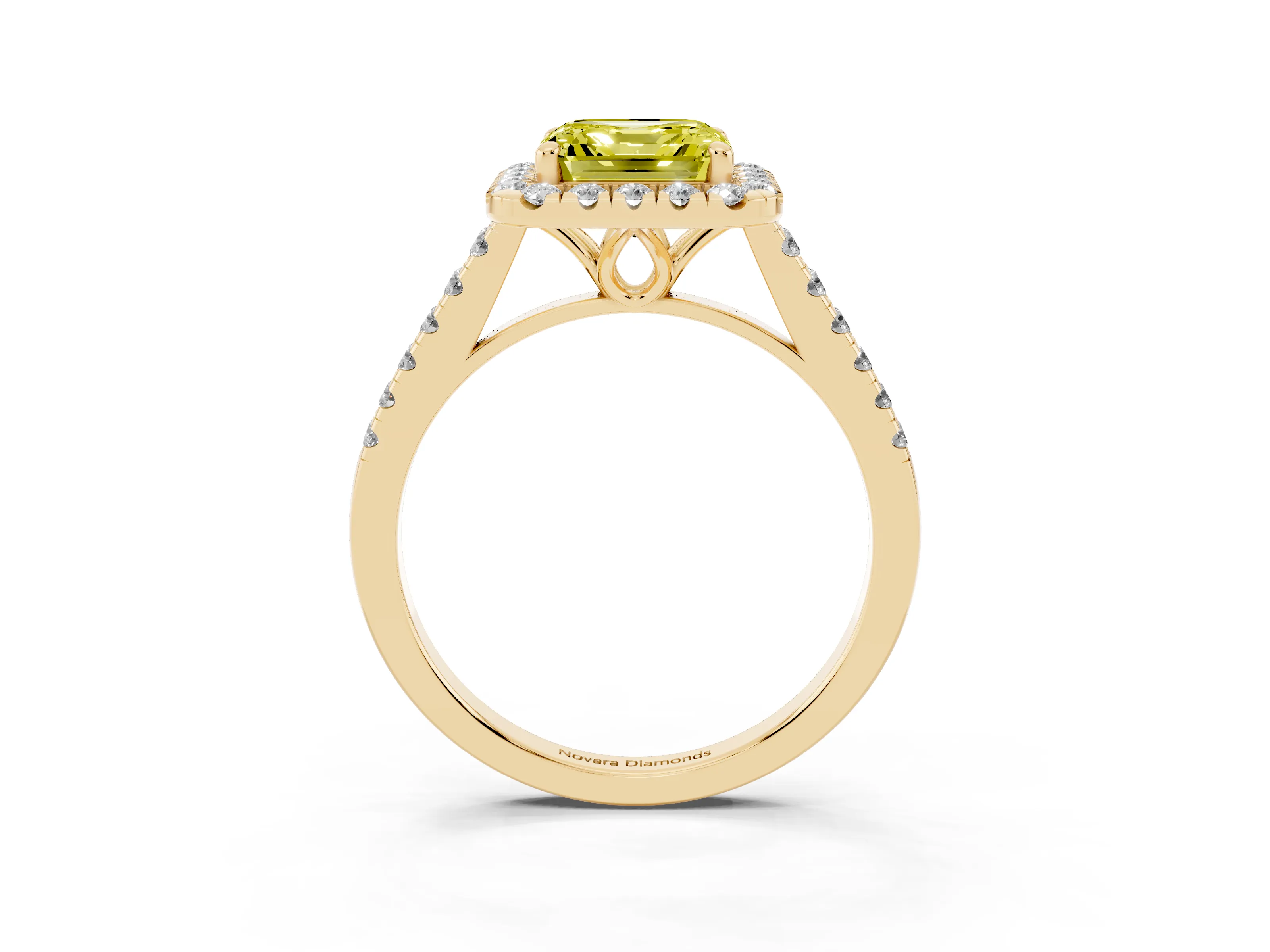 Fancy Yellow Asscher Cut Diamond Pavé Halo Engagement Ring Set in Yellow gold with Pavé Band and Prong Setting