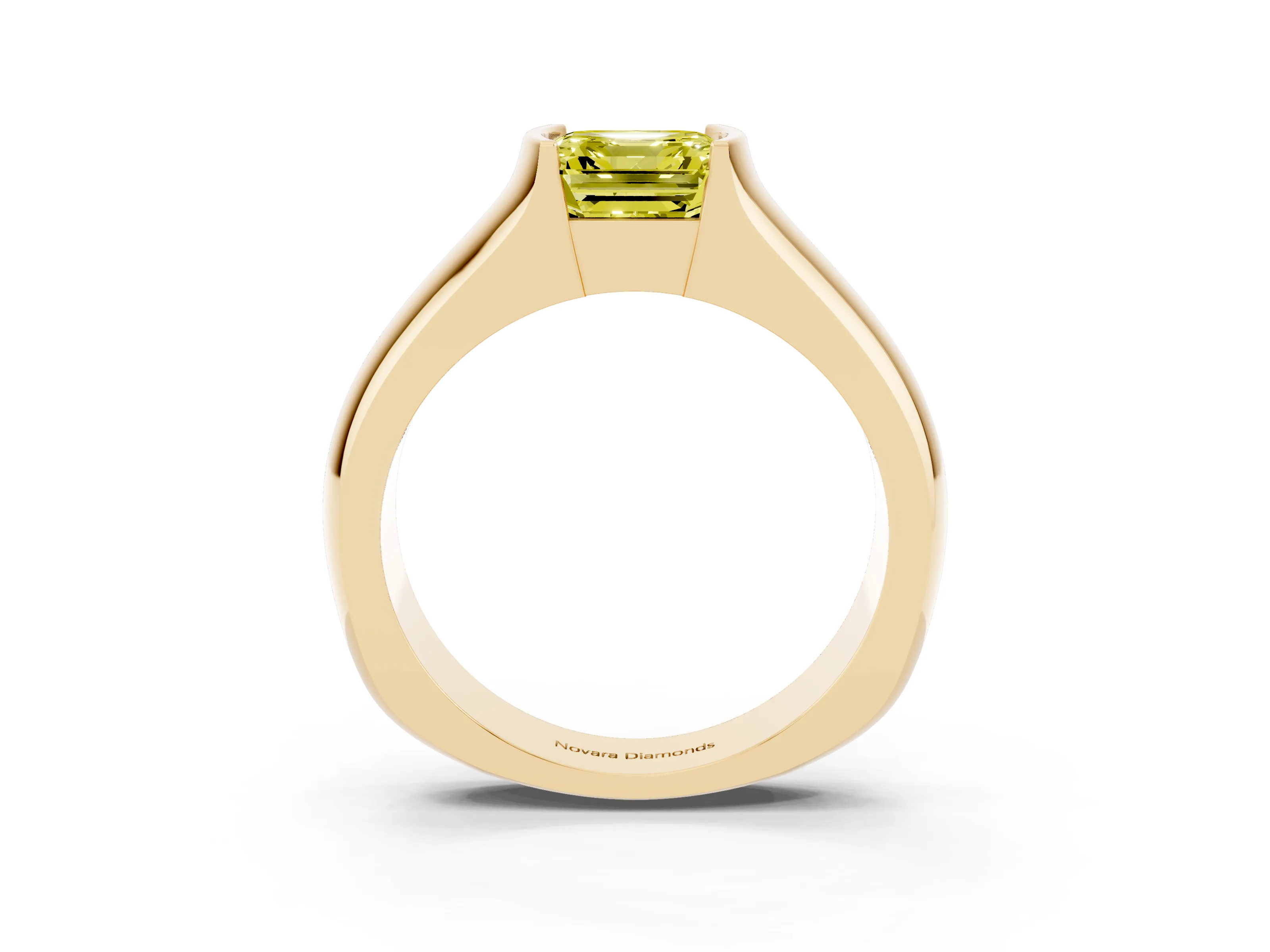 Fancy Yellow Asscher Cut Diamond Bezel Solitaire Ring Set in Yellow gold with Wide Band