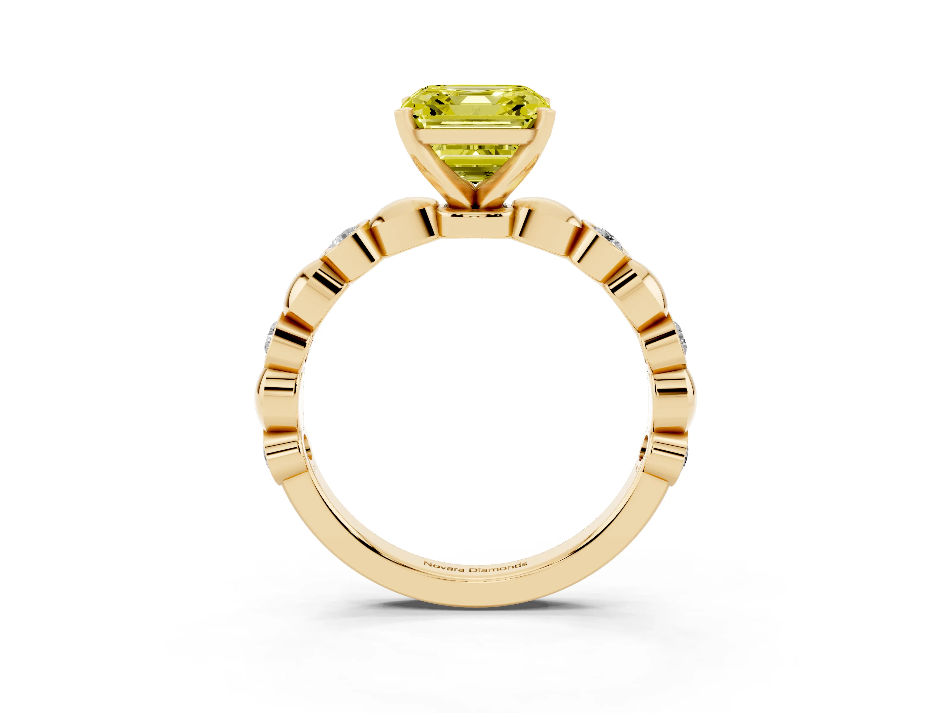 Fancy Yellow Asscher Cut Diamond Solitaire Ring Set in Yellow gold with Bezel-Set Accents on Beaded Band and Prong Setting