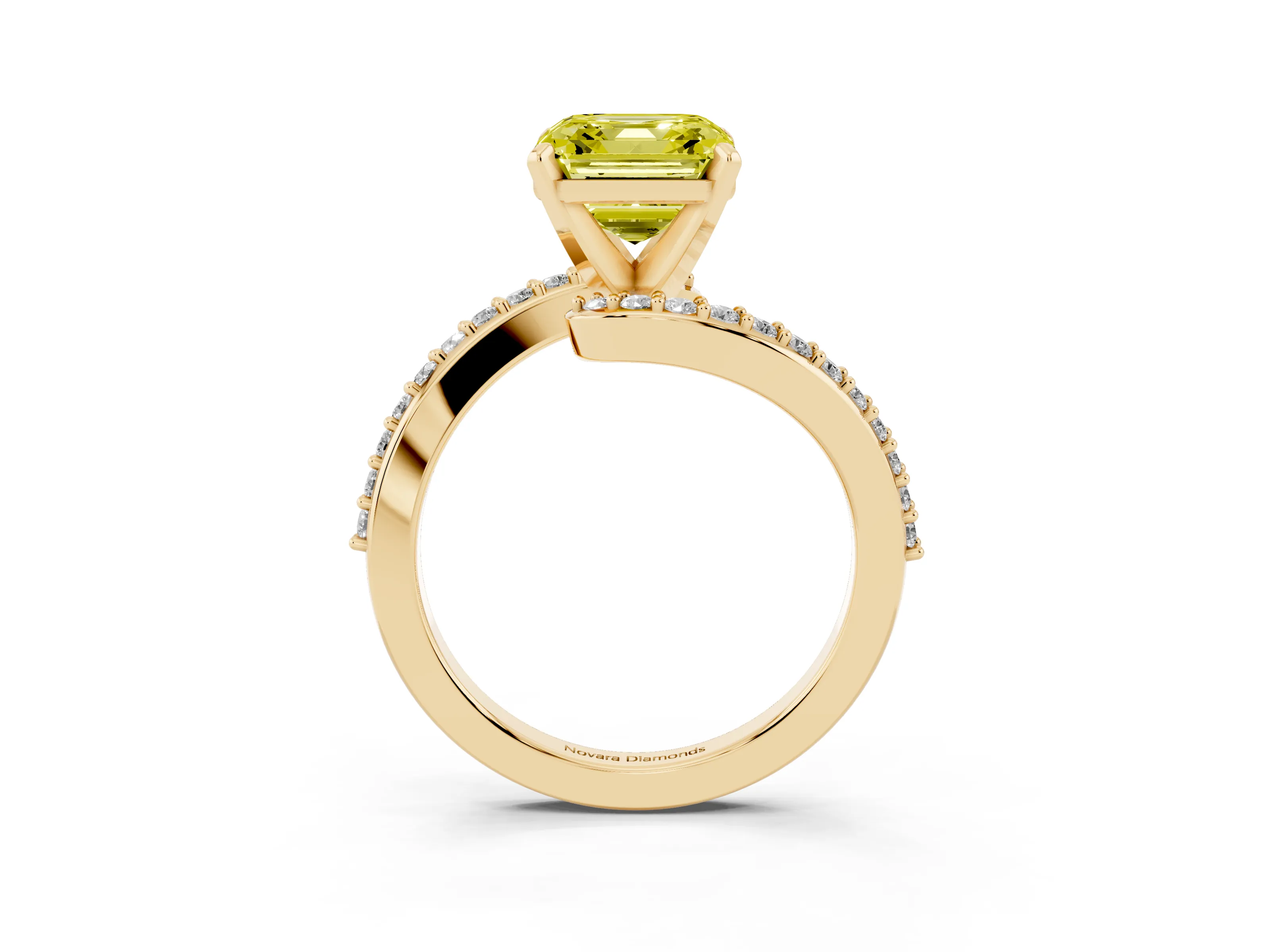 Fancy Yellow Asscher Cut Diamond Solitaire Ring Set in Yellow gold with Pavé Twist Band and Prong Setting