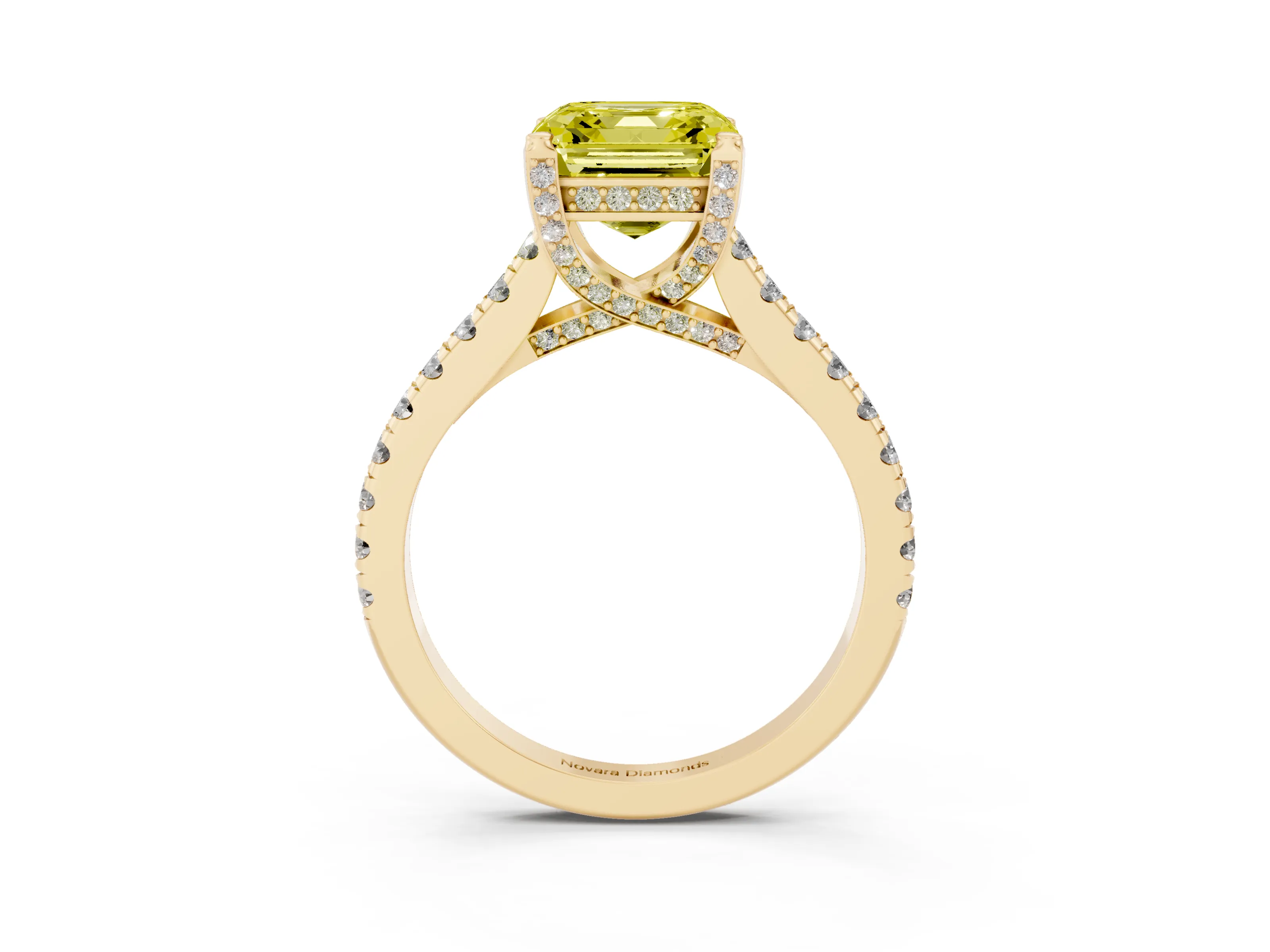 Fancy Yellow Asscher Cut Diamond Solitaire Ring Set in Yellow gold with Brilliant Pavé Band and Prong Setting