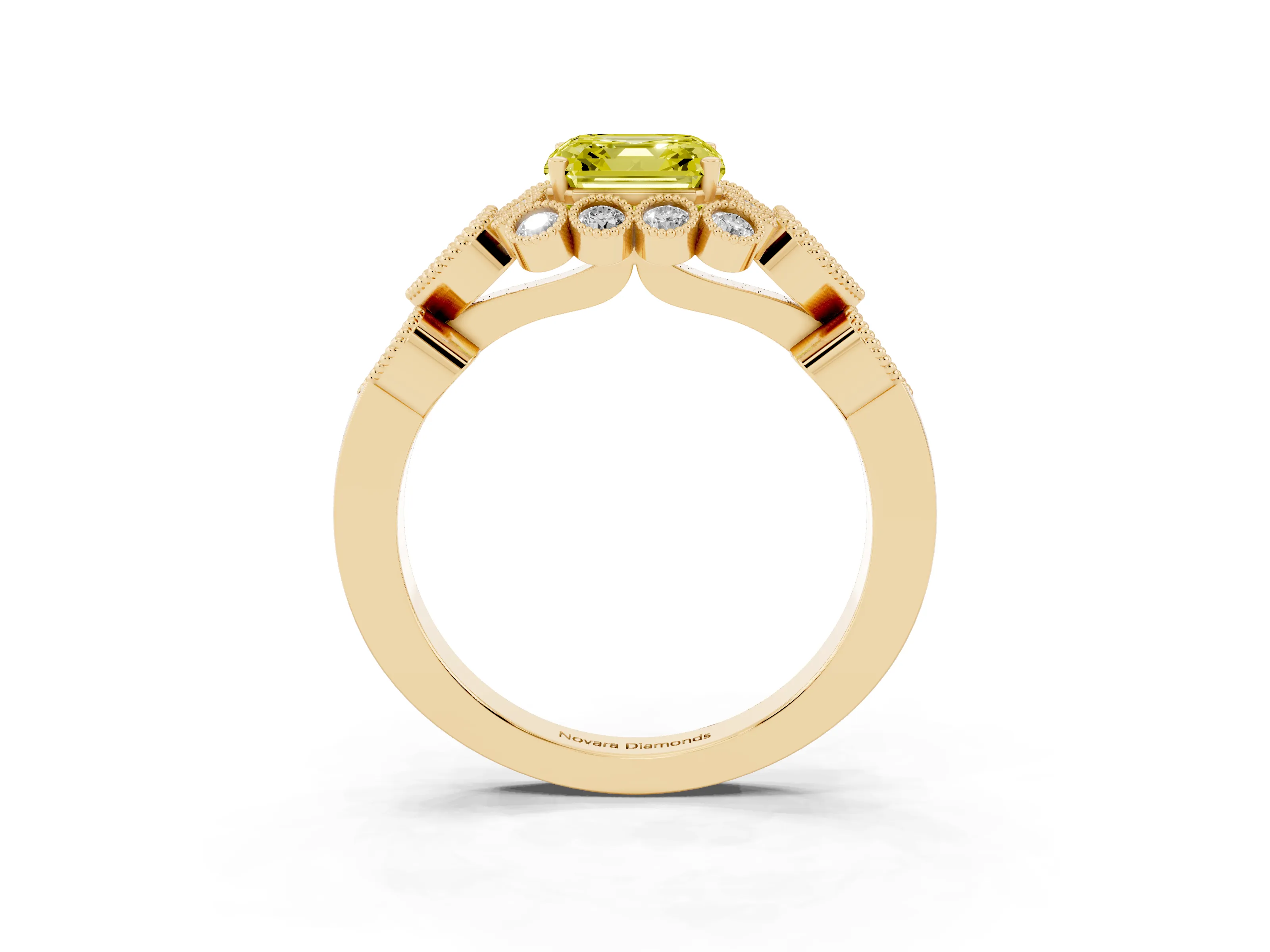 Fancy Yellow Asscher Cut Diamond Solitaire Ring Set in Yellow gold with Milgrain Pavé Heart Band