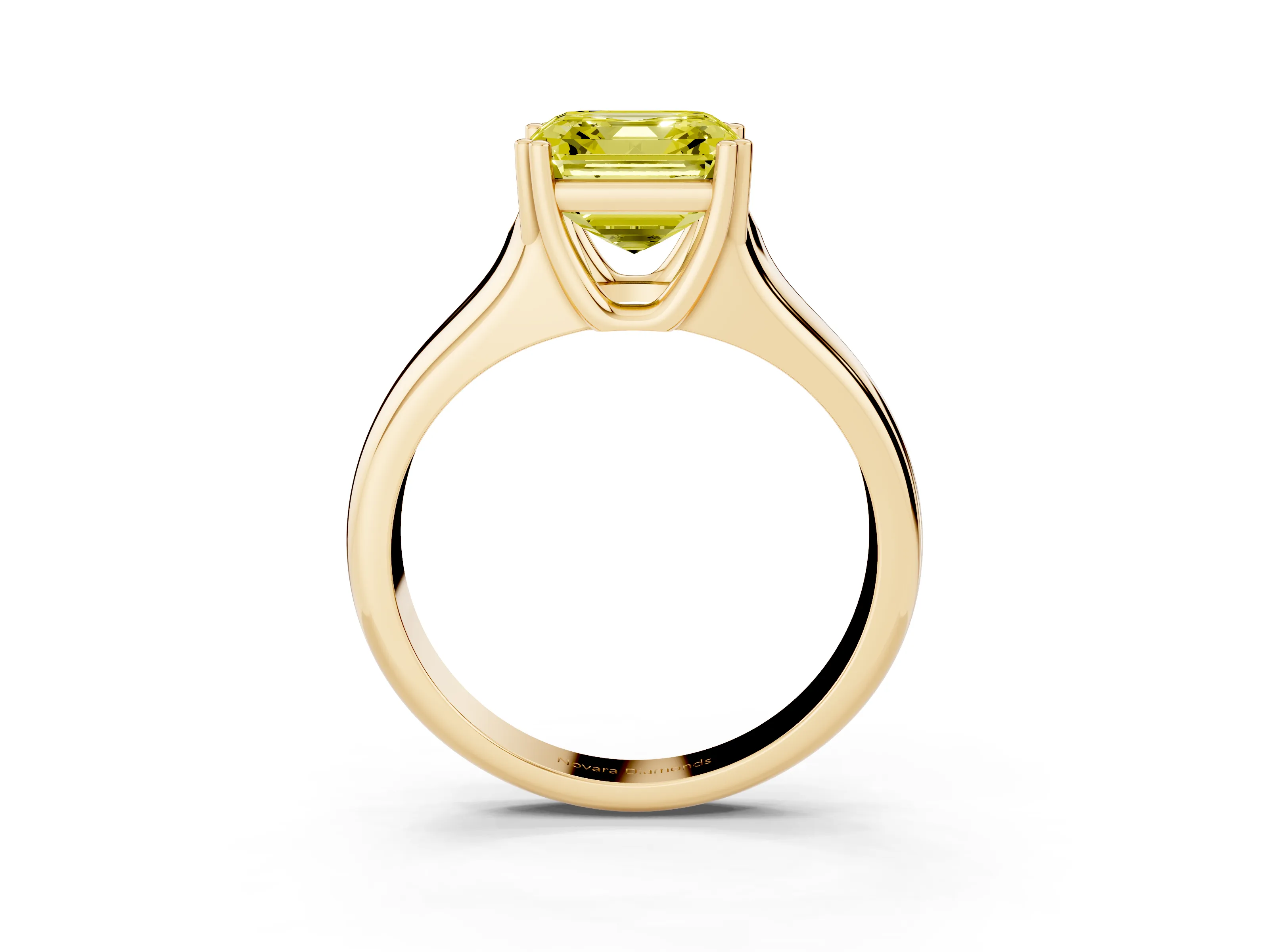 Fancy Yellow Asscher Cut Diamond Solitaire Ring Set in Yellow gold with Wide Band and Prong Setting