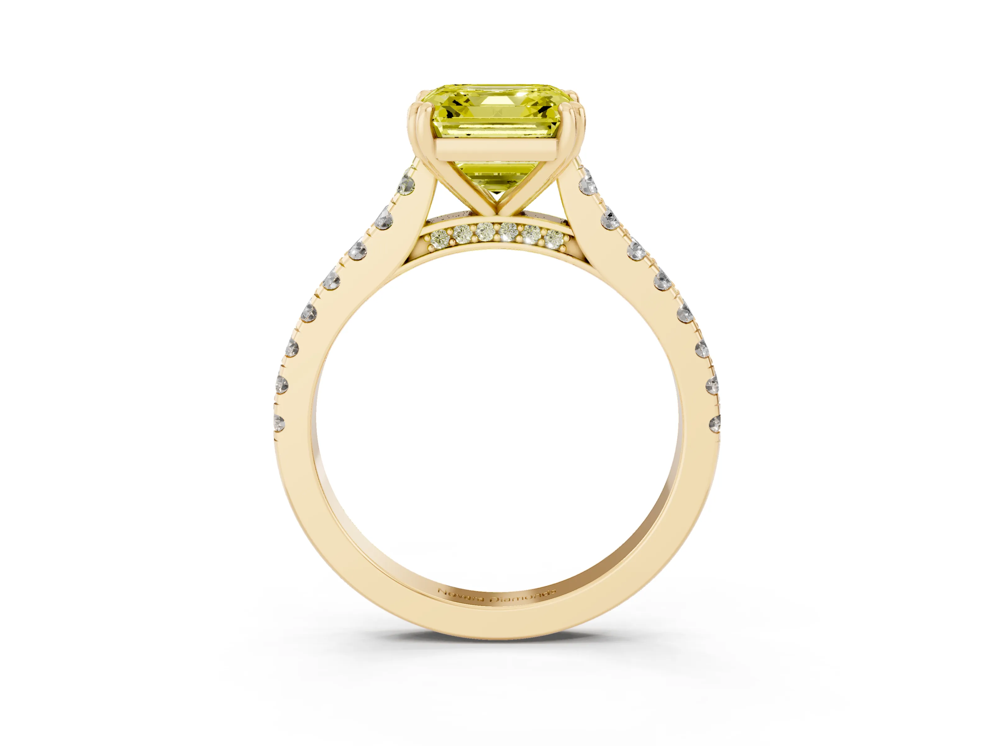 Fancy Yellow Asscher Cut Diamond Solitaire Engagement Ring Set in Yellow gold with Pavé Accents and Prong Setting