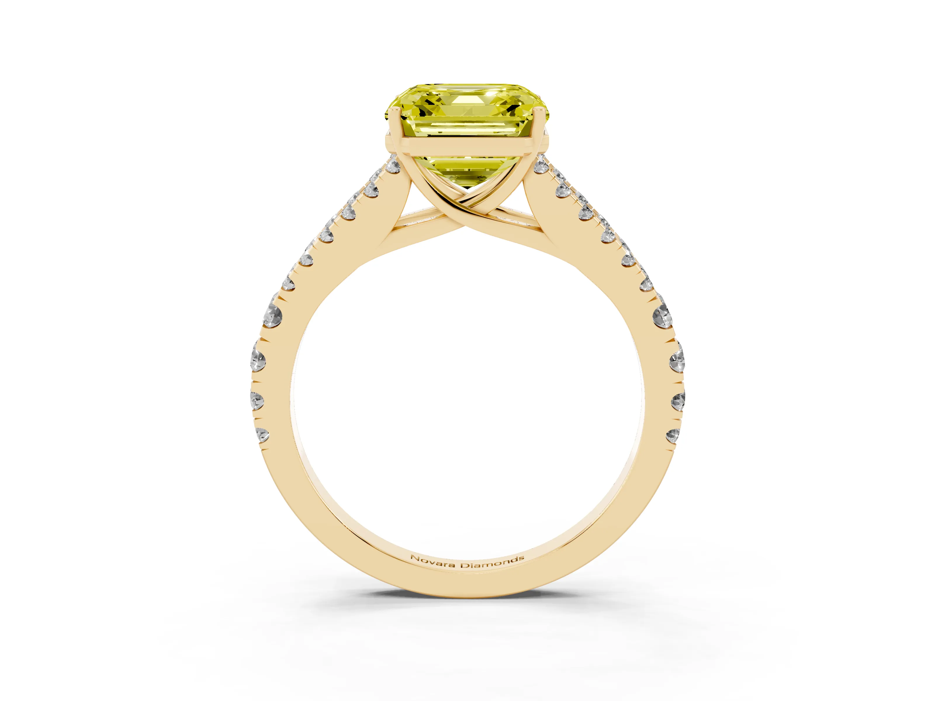 Fancy Yellow Asscher Cut Diamond Split Shank Pavé Engagement Ring Set in Yellow gold with Prong-Held Center Stone