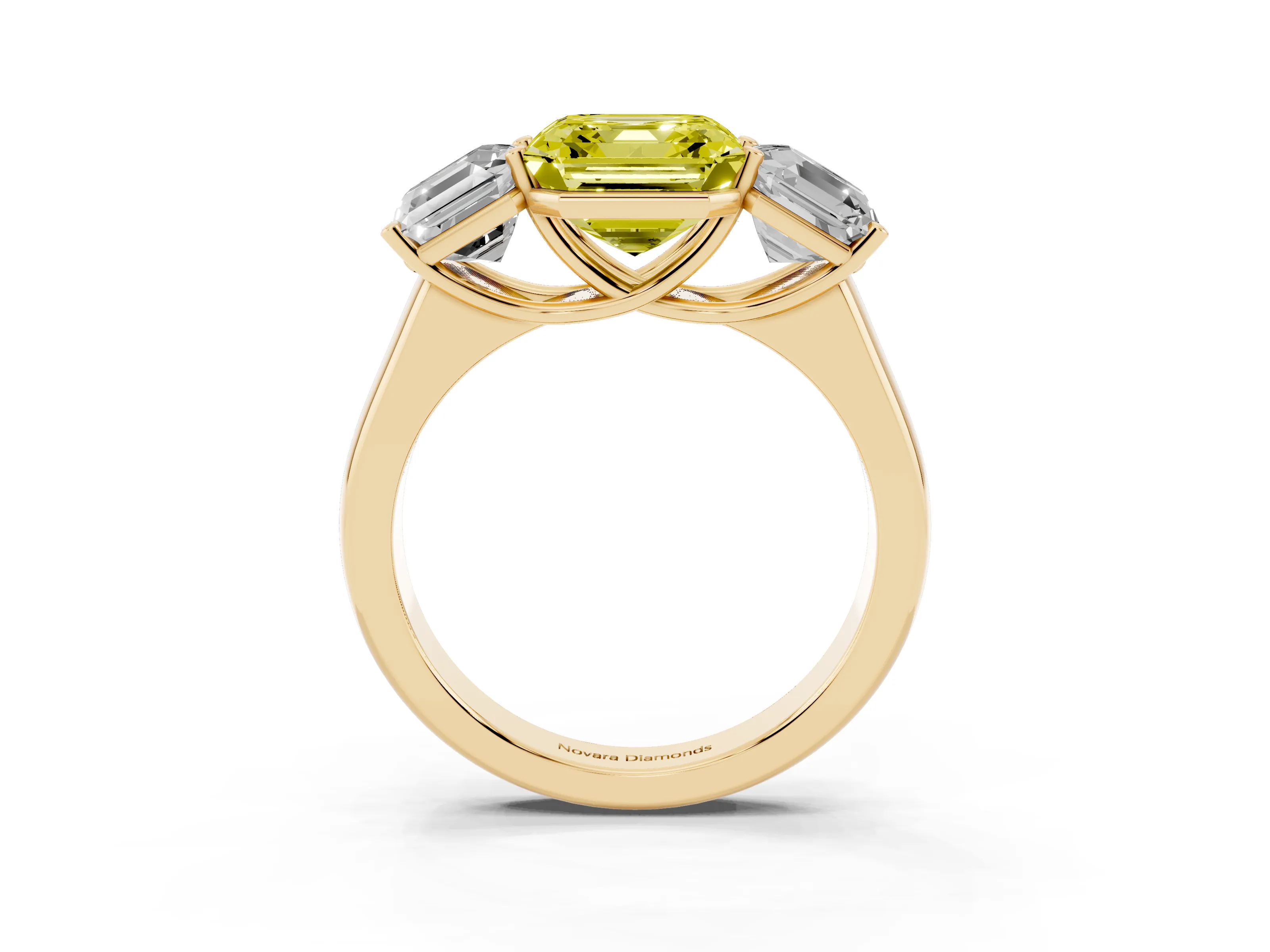 Fancy Yellow Asscher Cut Diamond Three-Stone Ring Set in Yellow gold with Plain Polished Band