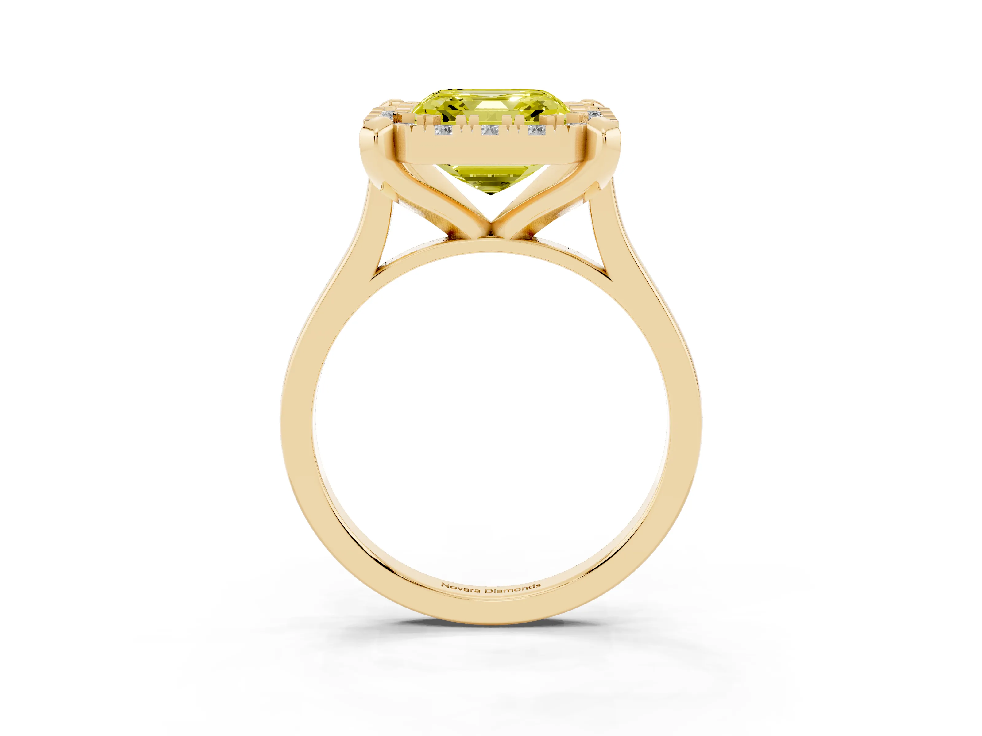 Fancy Yellow Asscher Cut Diamond Cluster Halo Solitaire Ring Set in Yellow gold with Prong Setting