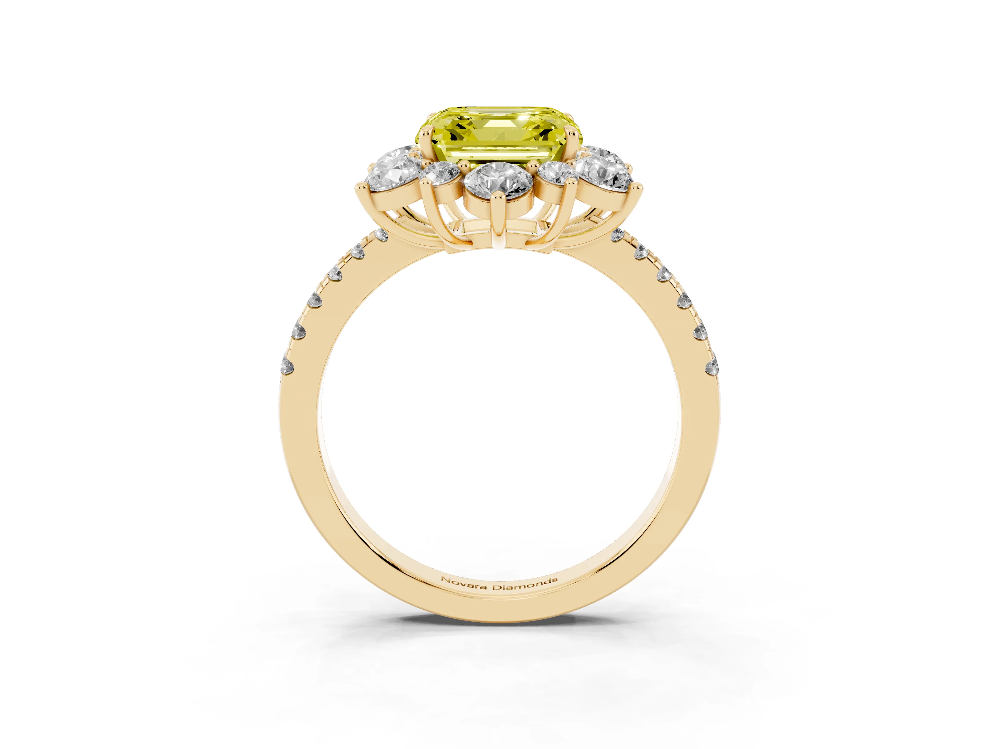 Fancy Yellow Asscher Cut Diamond Floral Halo Ring Set in Yellow gold with Round Pavé Band and Prong Setting