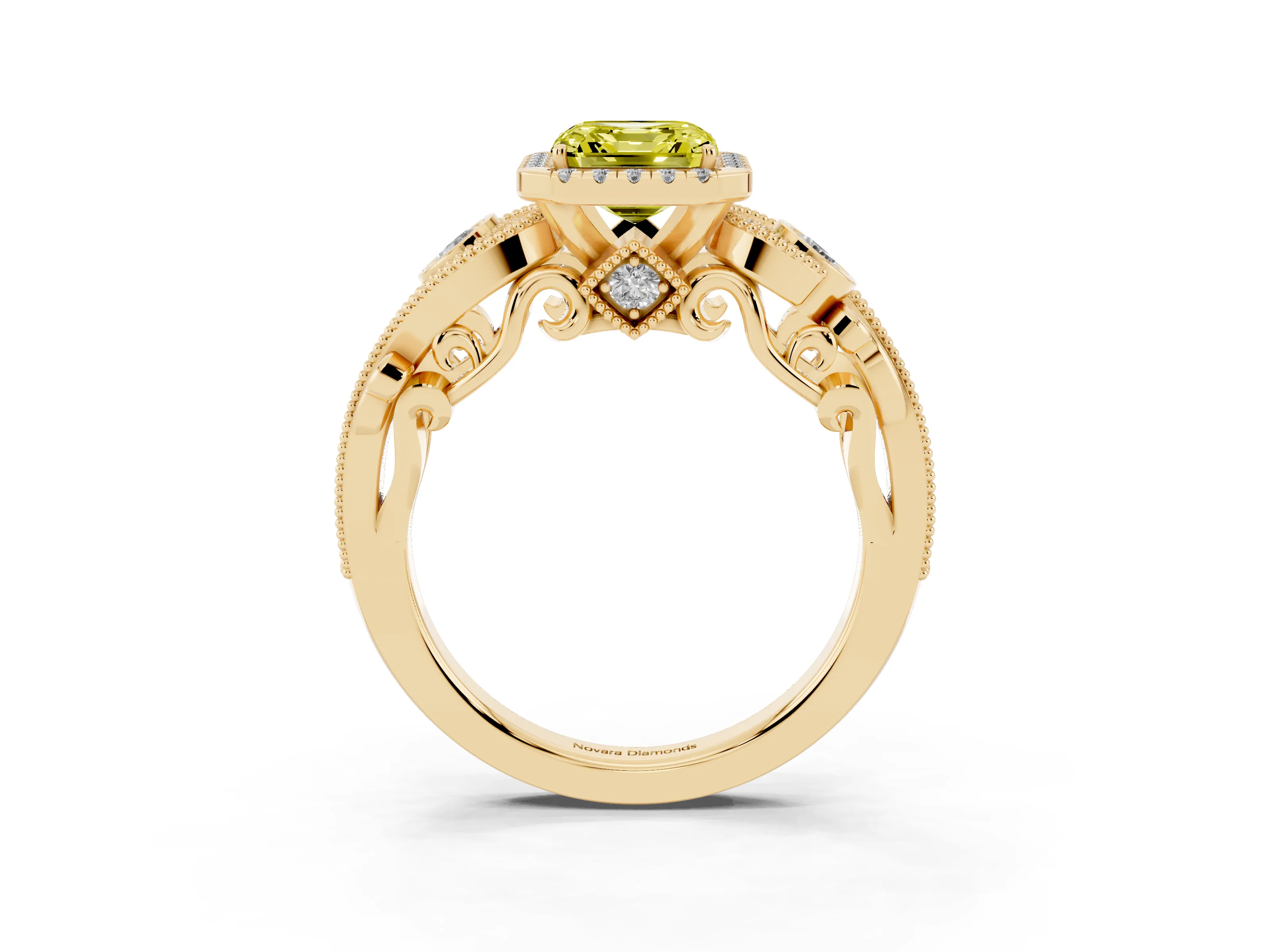 Fancy Yellow Asscher Cut Diamond Halo Ring Set in Yellow gold with Milgrain Pavé Band and Prong Setting