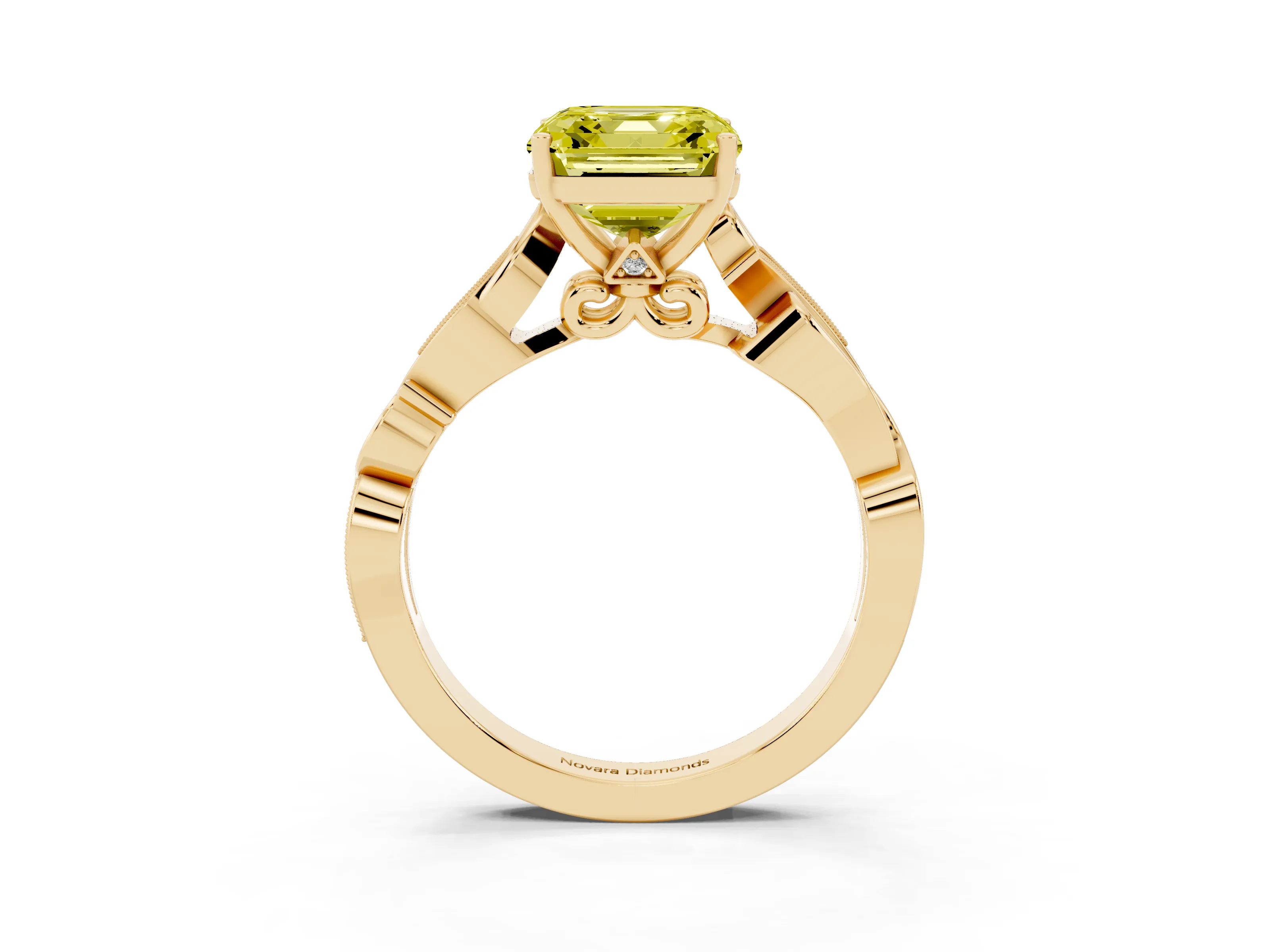Fancy Yellow Asscher Cut Diamond Vine Band Solitaire Ring Set in Yellow gold with Milgrain Prong Setting