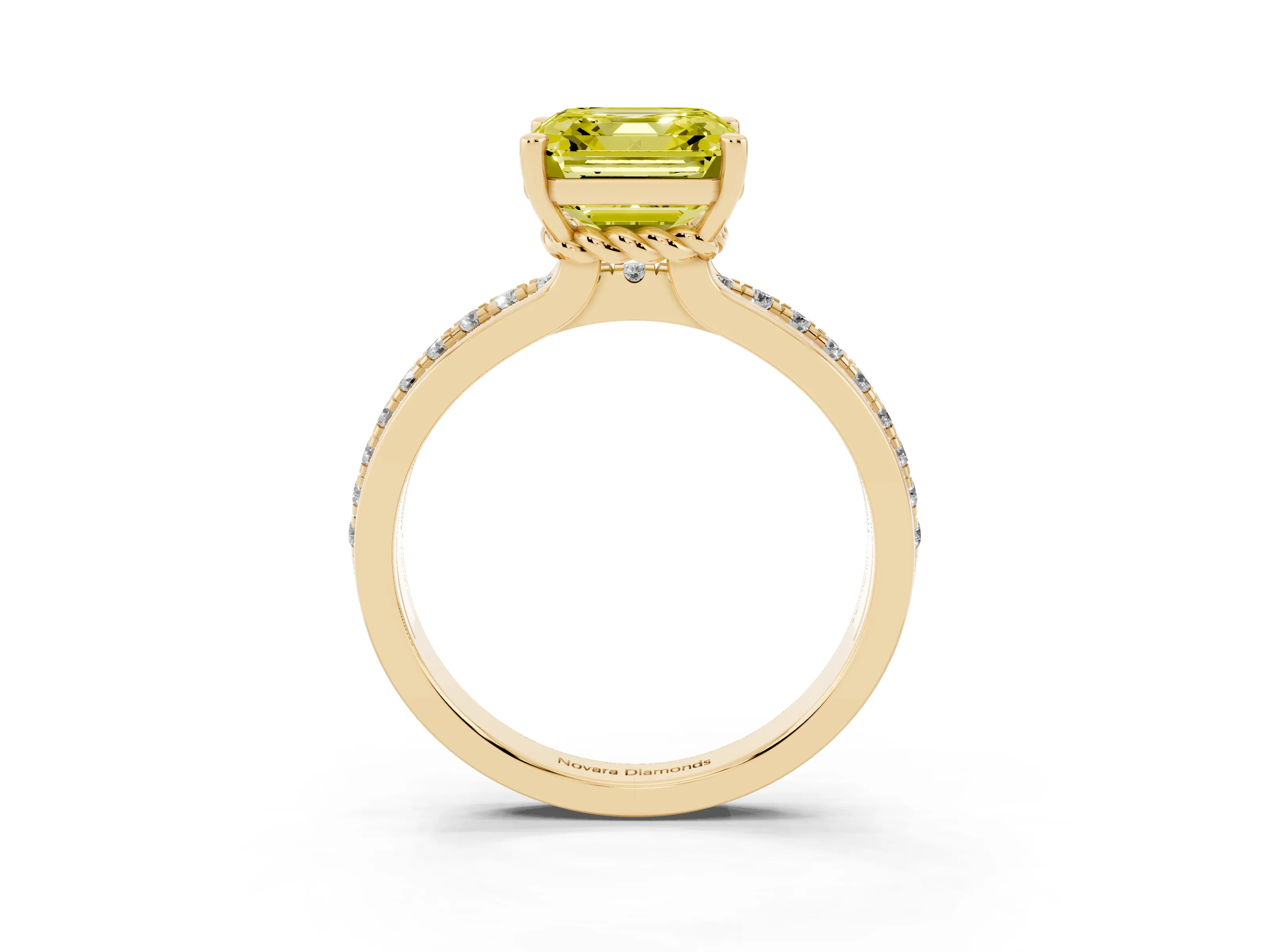 Fancy Yellow Asscher Cut Diamond Solitaire Ring Set in Yellow gold with Channel Set Band and Prong Setting