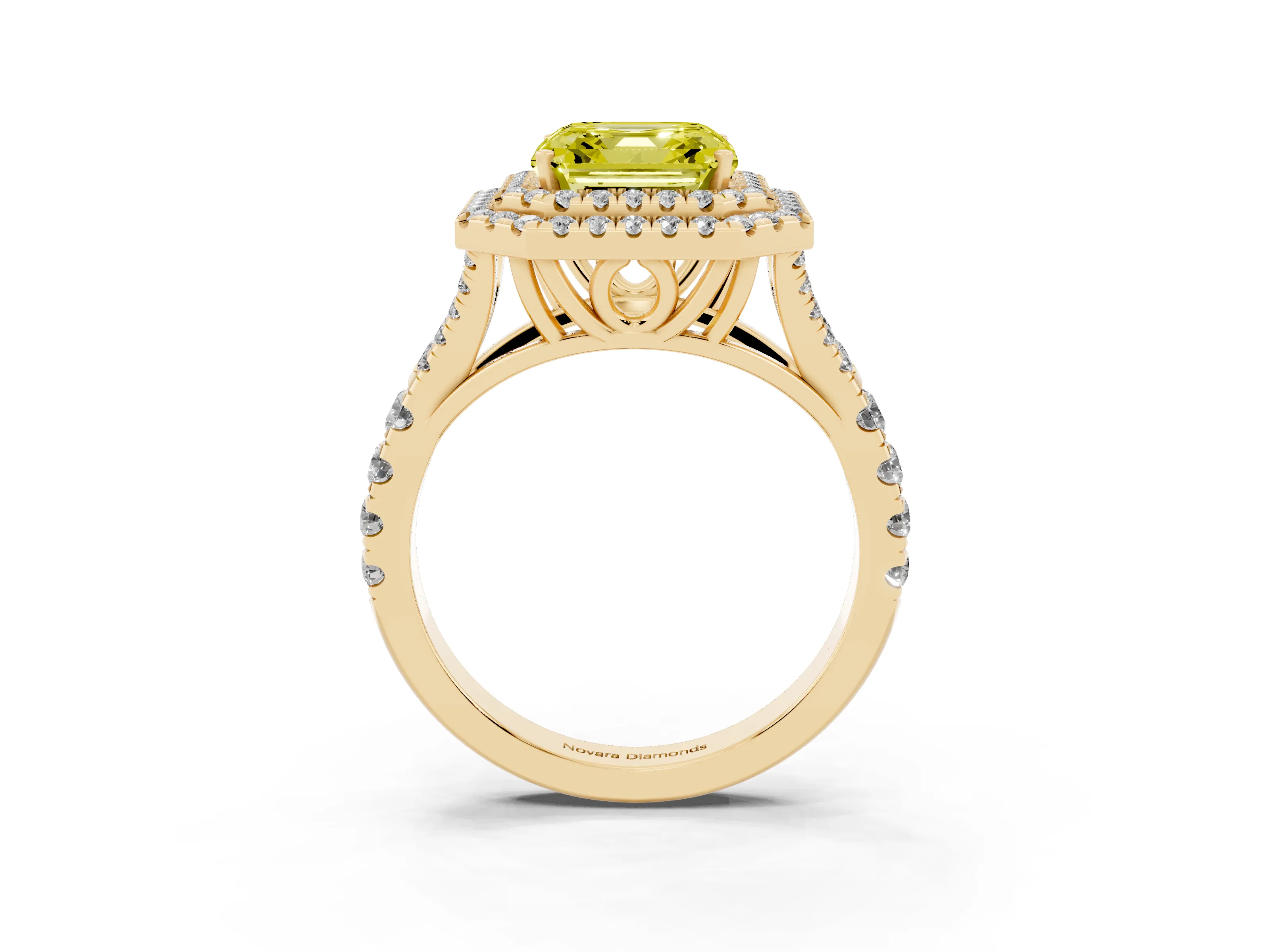 Fancy Yellow Asscher Cut Diamond Pavé Split Shank Double Halo Engagement Ring Set in Yellow gold