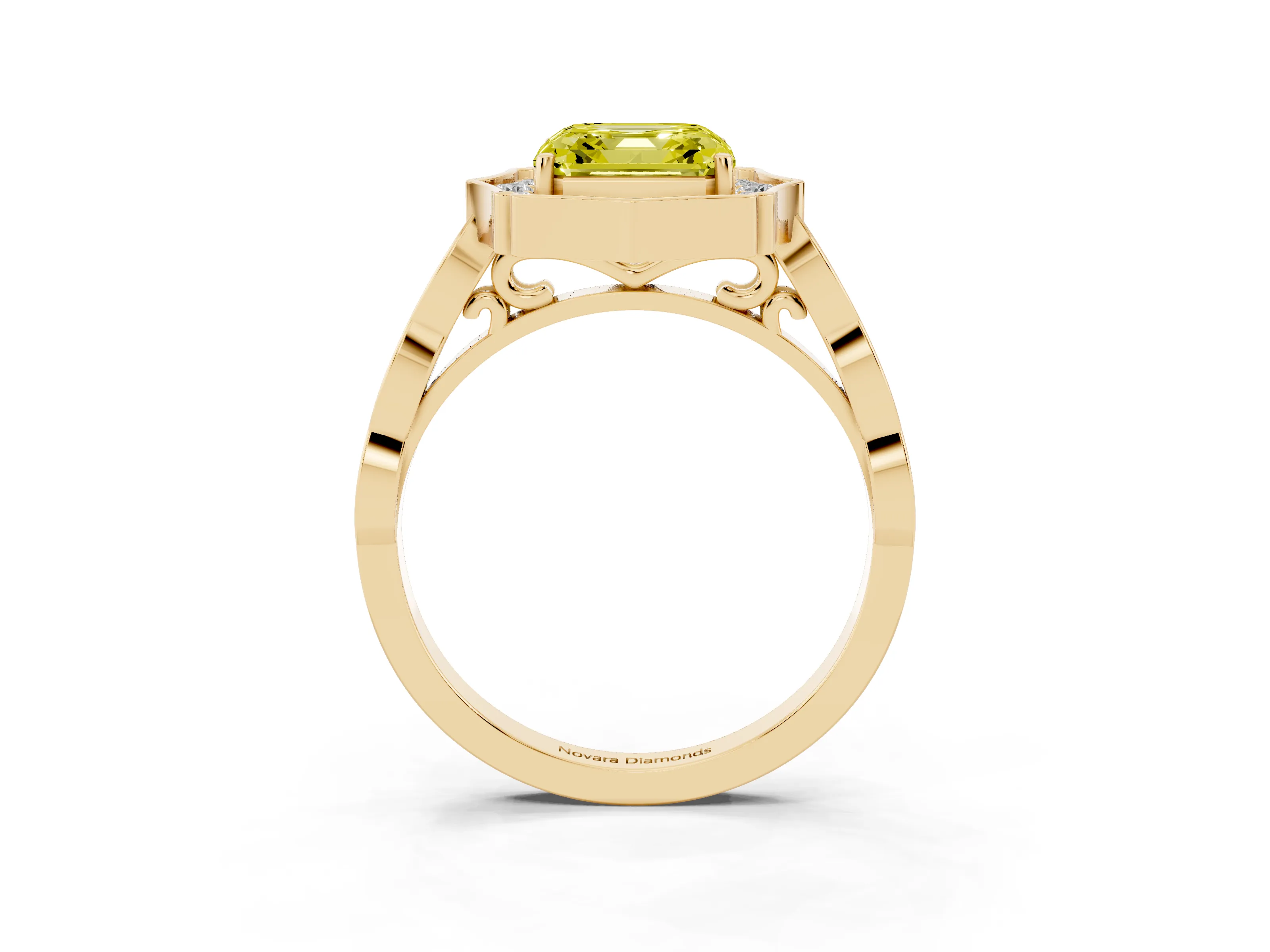 Fancy Yellow Asscher Cut Diamond Halo Engagement Ring Set in Yellow gold with Milgrain Band and Prong Setting