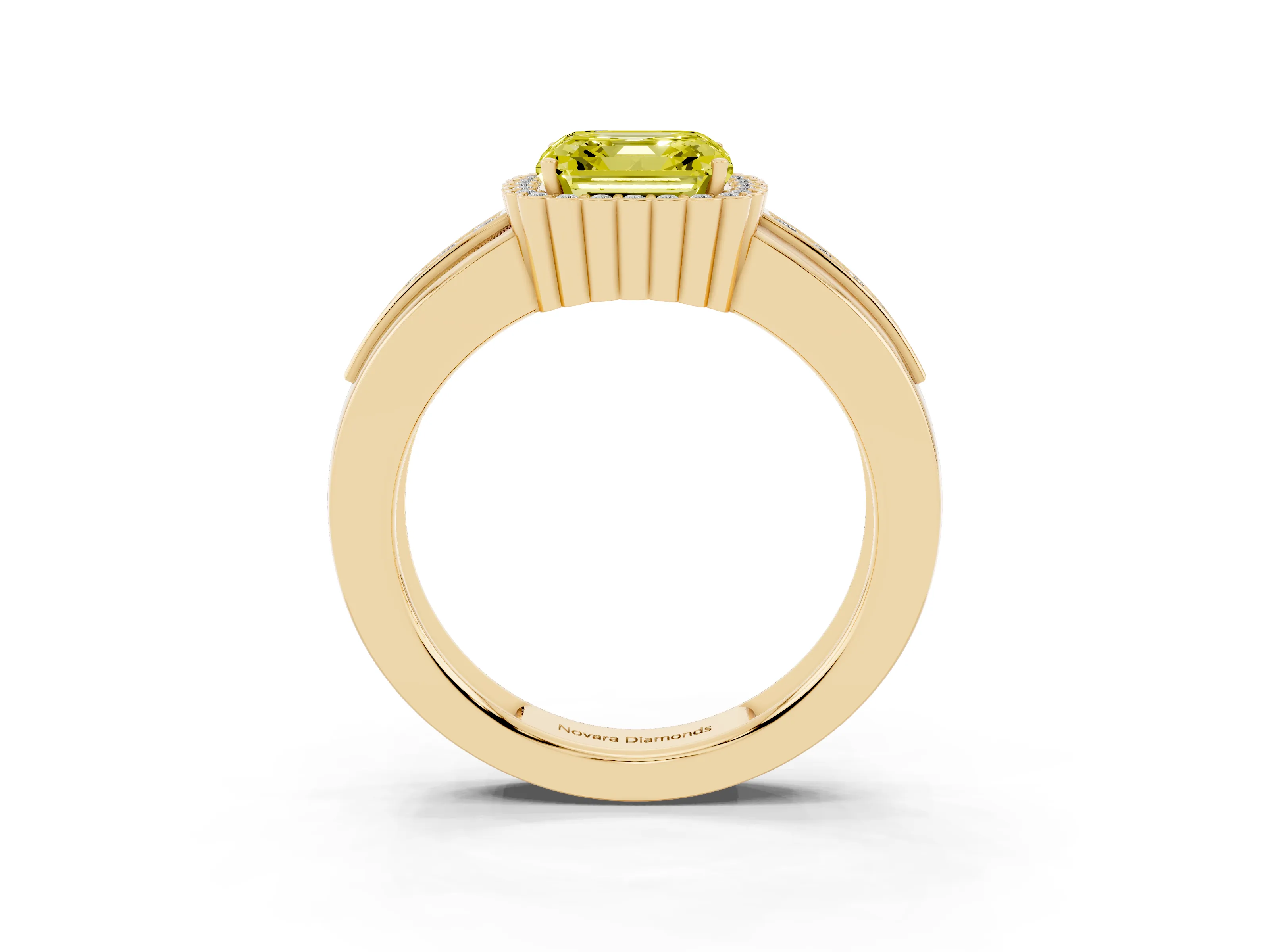 Fancy Yellow Asscher Cut Diamond Halo Prong Ring Set in Yellow gold with Pavé Band