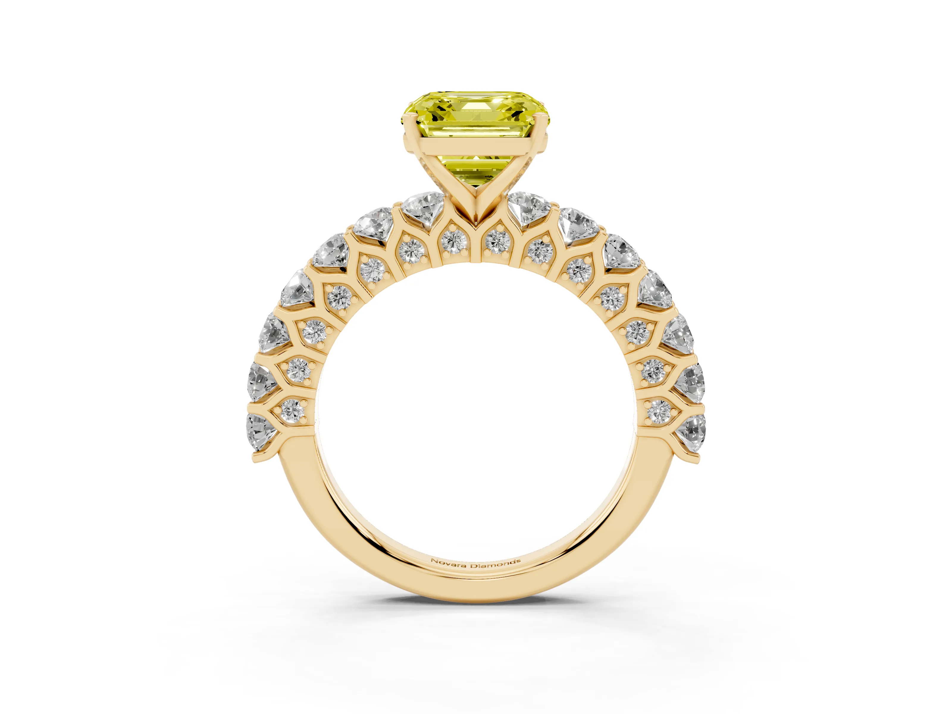 Fancy Yellow Asscher Cut Diamond Solitaire Ring Set in Yellow gold with Shared Prong Pavé Band