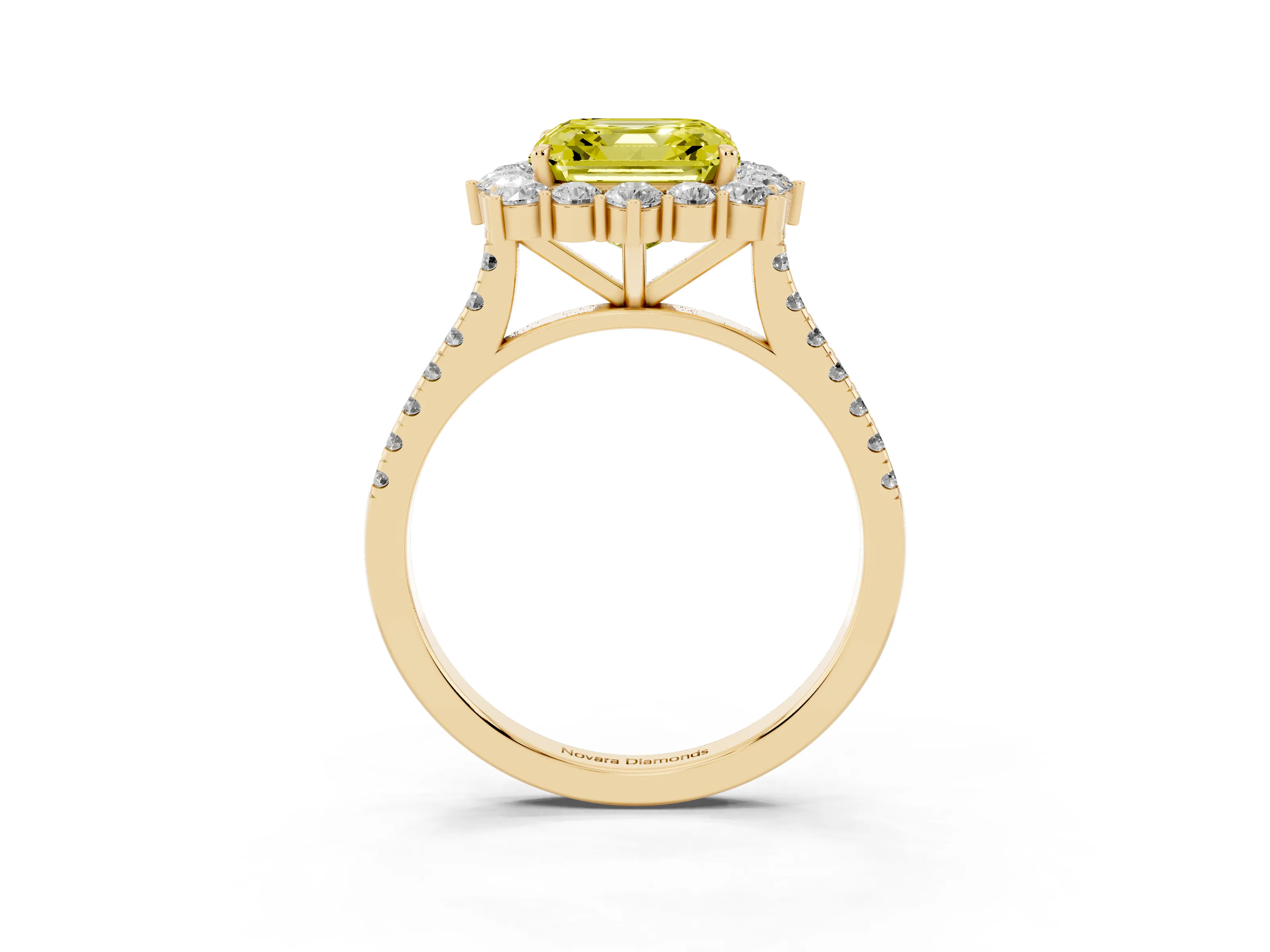 Fancy Yellow Asscher Cut Diamond Halo Ring Set in Yellow gold with Pavé Band and Prong Setting