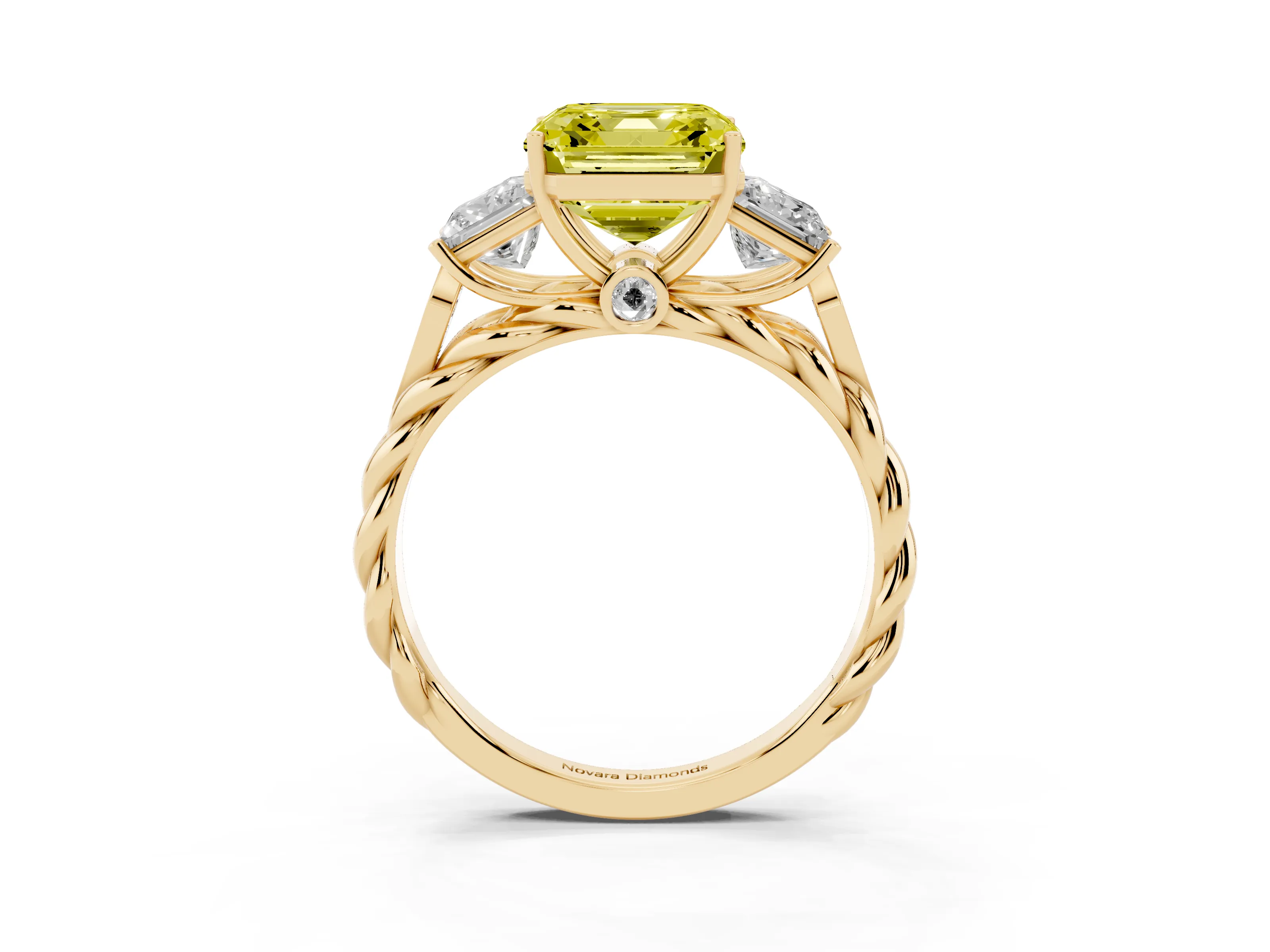 Fancy Yellow Asscher Cut Diamond Three-Stone Ring Set in Yellow gold with Braided Band