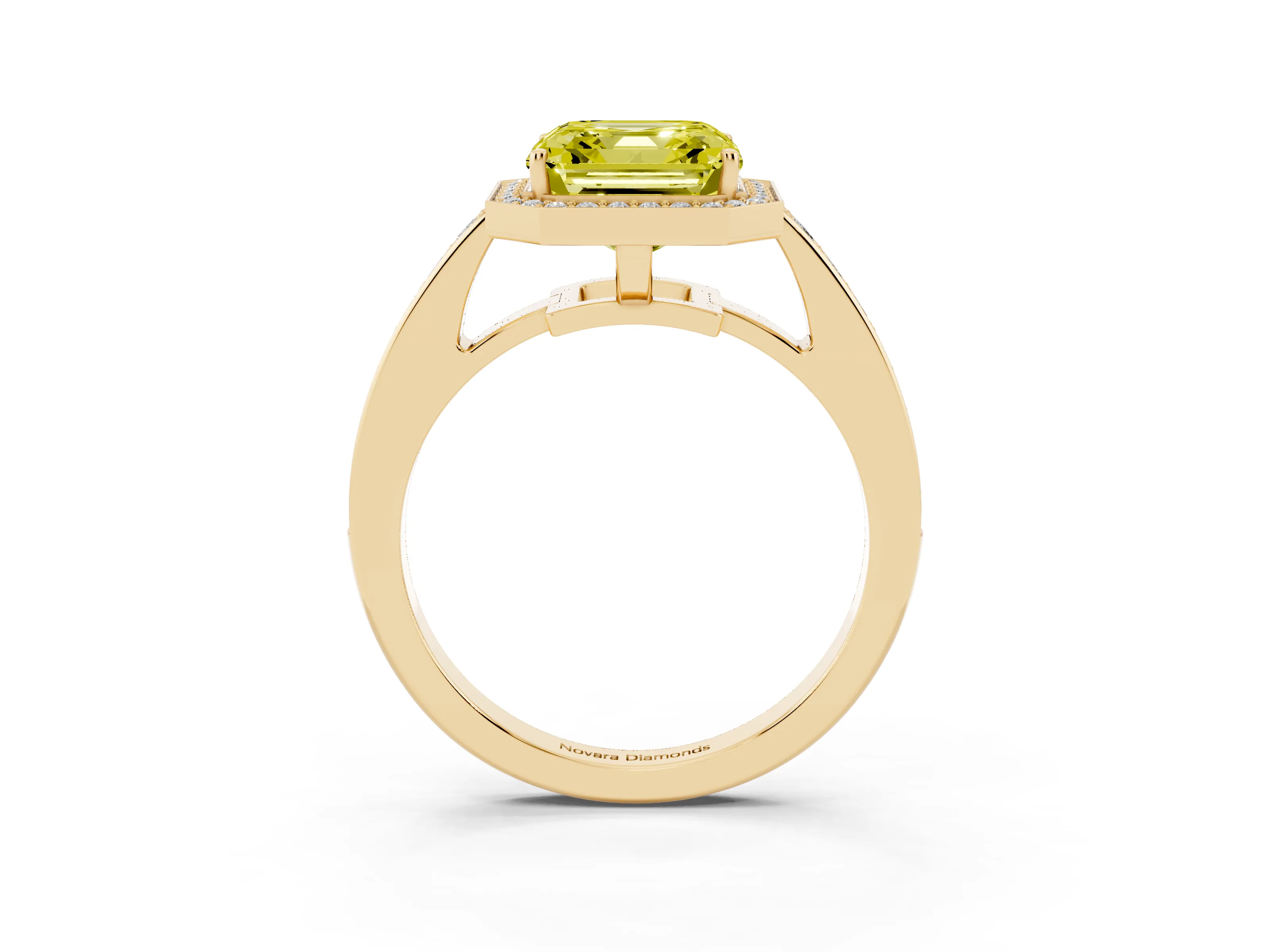 Fancy Yellow Asscher Cut Diamond Halo Pavé Engagement Ring Set in Yellow gold with Bezel Setting